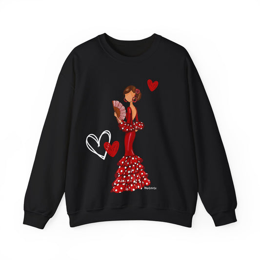 a black sweatshirt with a woman in a red dress and hearts on it