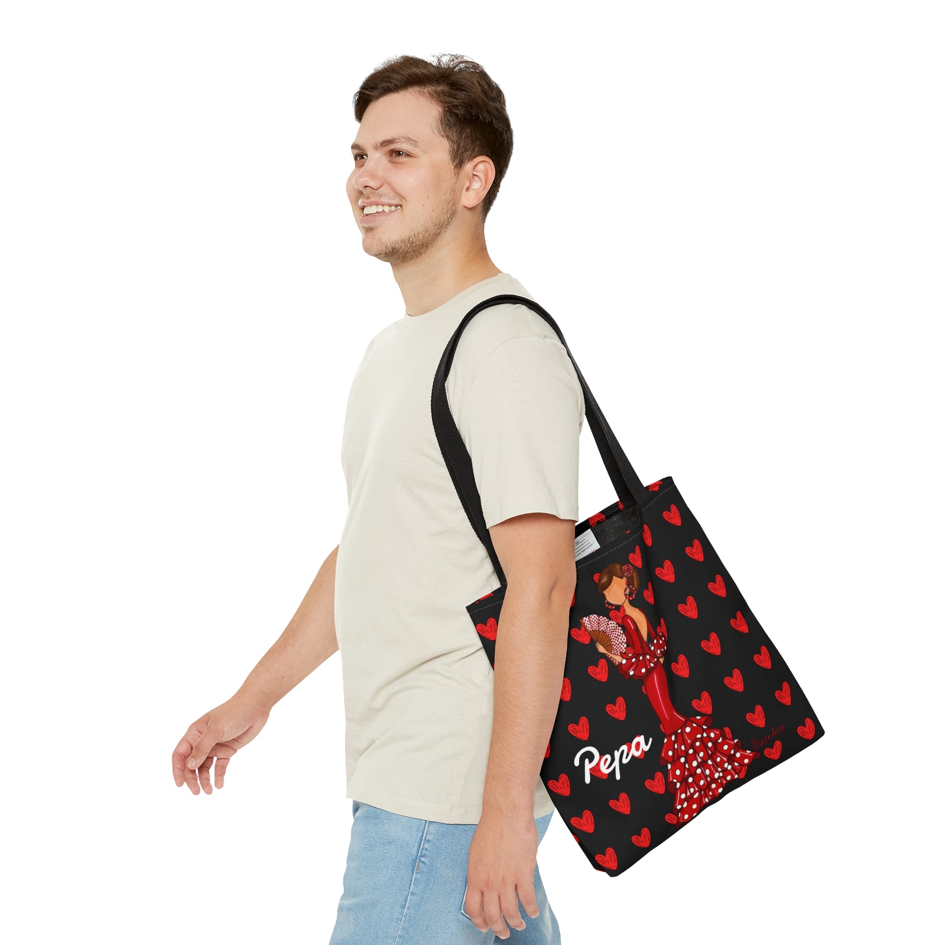 a man carrying a large bag with hearts on it