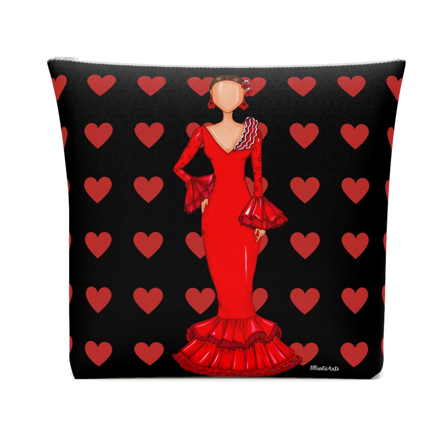 a pillow with a woman in a red dress on it