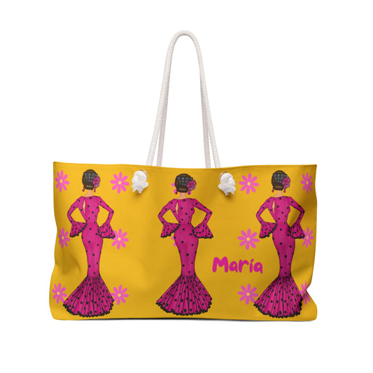 Flamenco Lovers customizable Weekender Bag, our flamenco dancer María in a pink dress with yellow background and flowers