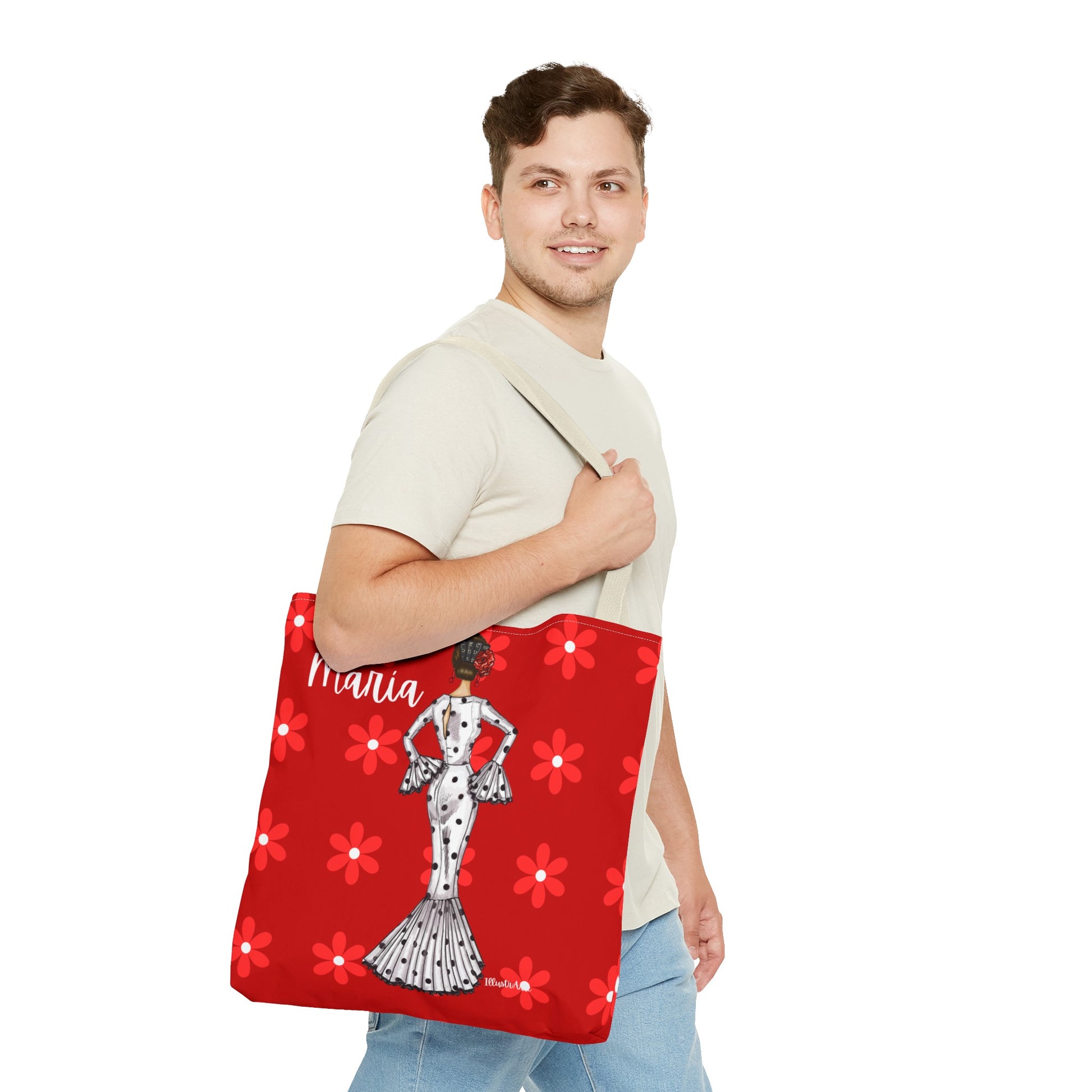 a man holding a red bag with a picture of a woman on it