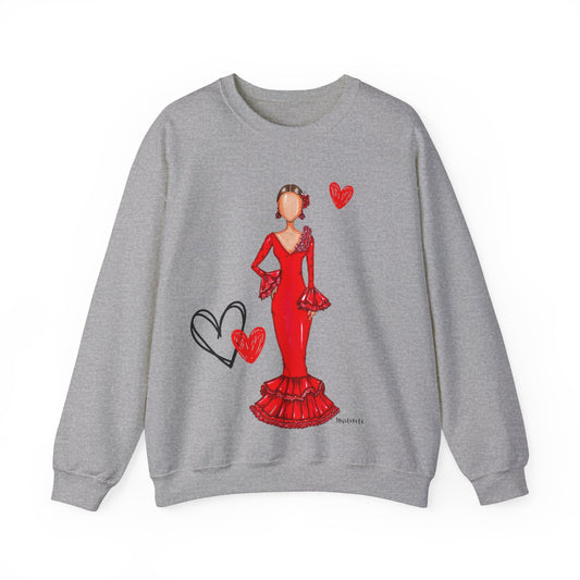 a sweater with a woman in a red dress