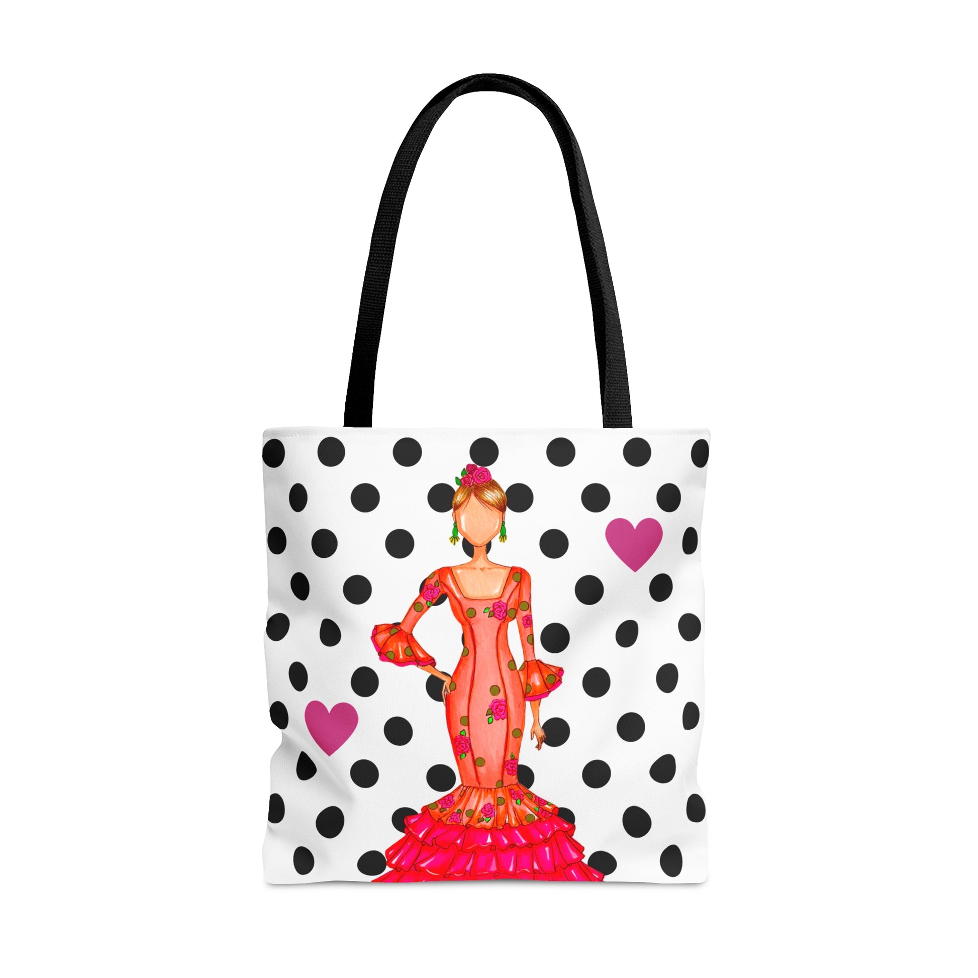 a tote bag with a picture of a woman in a polka dot dress