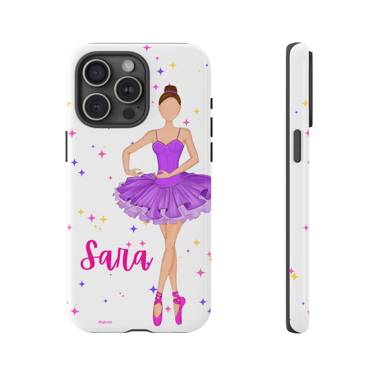 Funda rígida blanca personalizable para amantes del ballet para iPhone, Samsung Galaxy y Google pixel con nuestra bailarina Sara con un vestido morado.