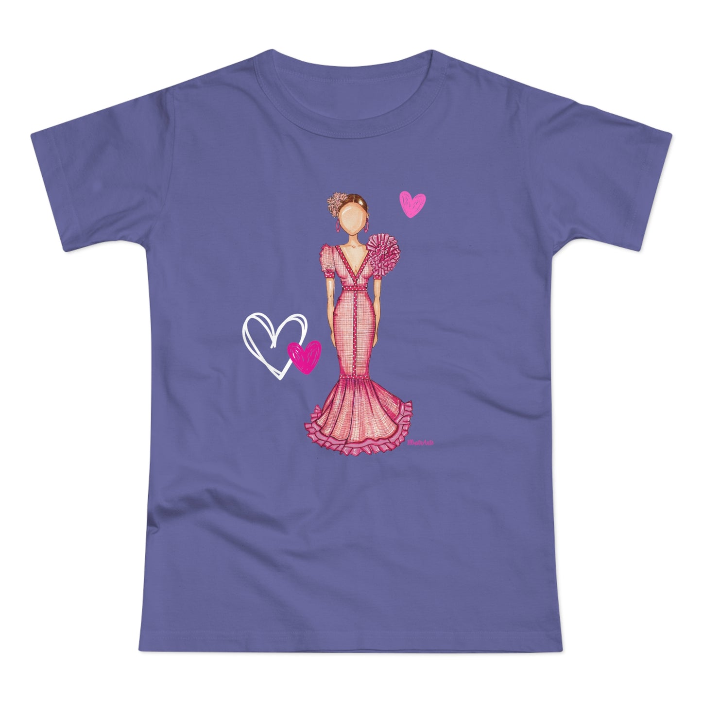 a t - shirt with a drawing of a woman in a pink dress