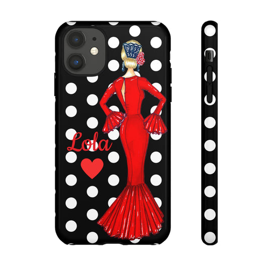 Funda de teléfono negra personalizable de bailarina de flamenco para iPhone, Samsung Galaxy y Google Pixel, la bailarina de flamenco María con un vestido rojo, fondo negro con lunares.