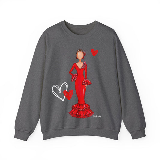 a sweater with a woman in a red dress on it