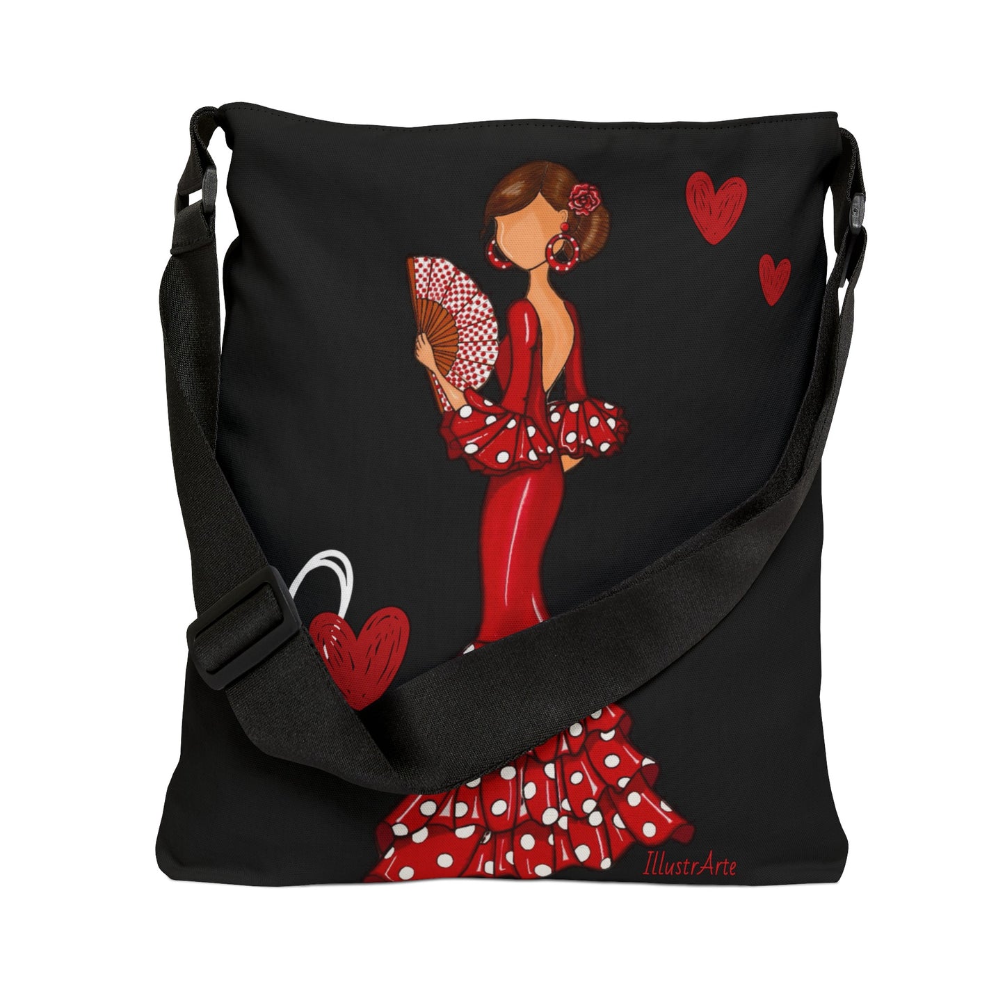 a black bag with a woman holding a heart