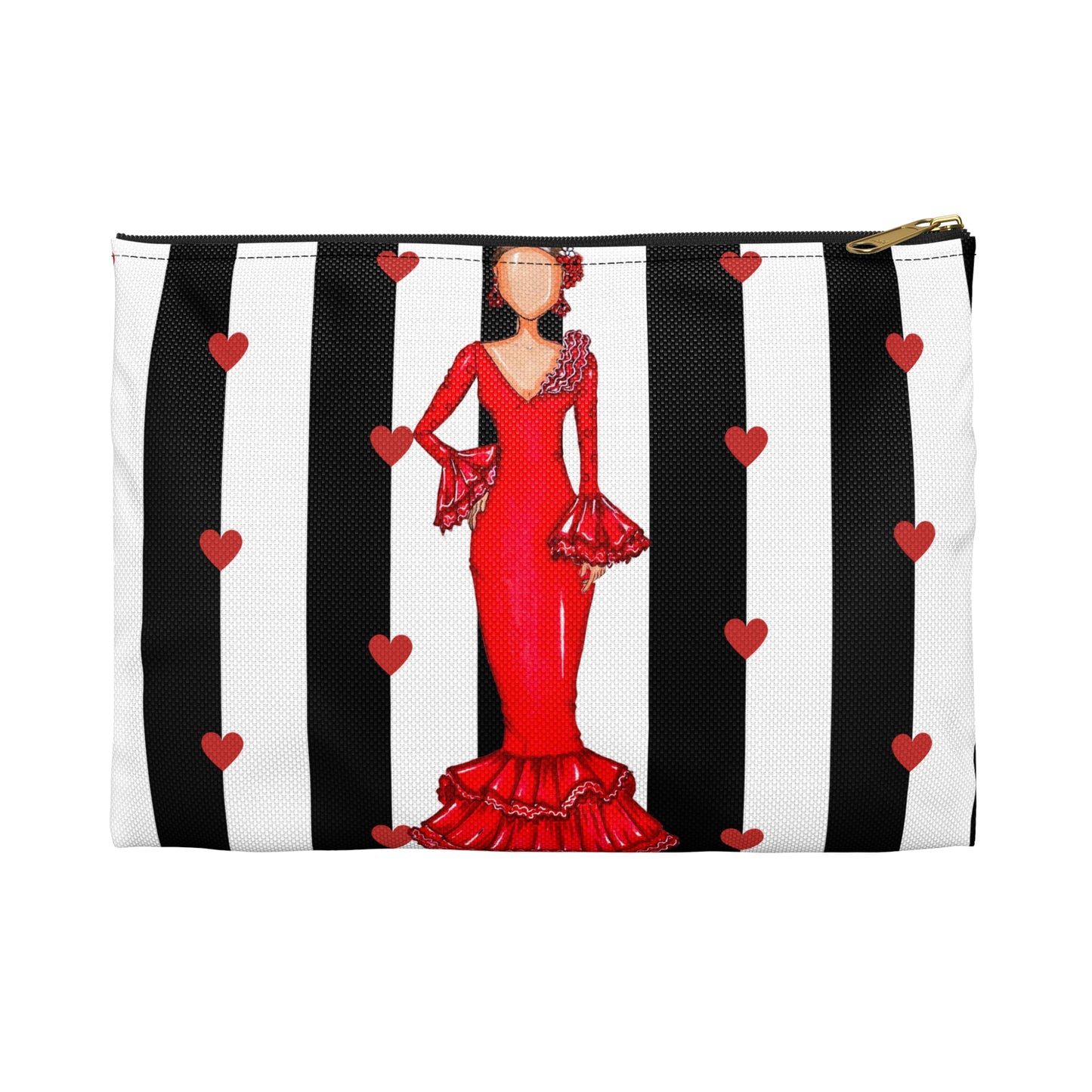 Flamenco lover Accessory Pouch, flamenco dancer in a red dress and white and black stripes with little hearts. - IllustrArte