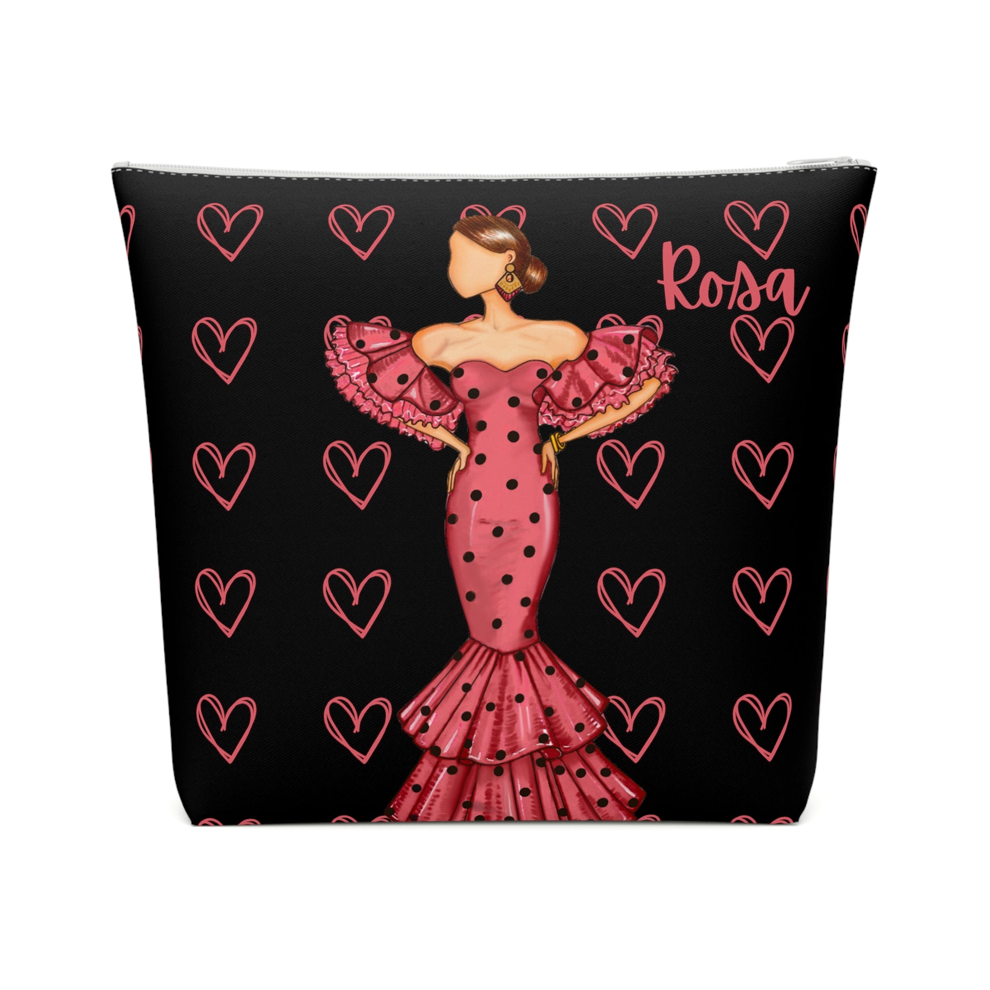 a woman in a pink dress with hearts on a black background