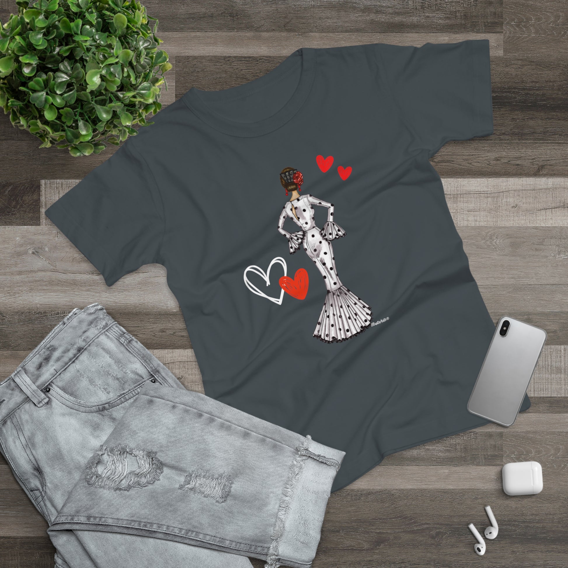 a t - shirt with a picture of a woman with hearts on it