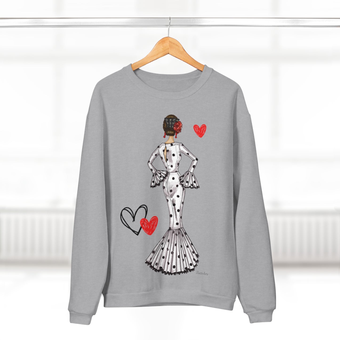 a sweater with a woman in a dress and hearts on it