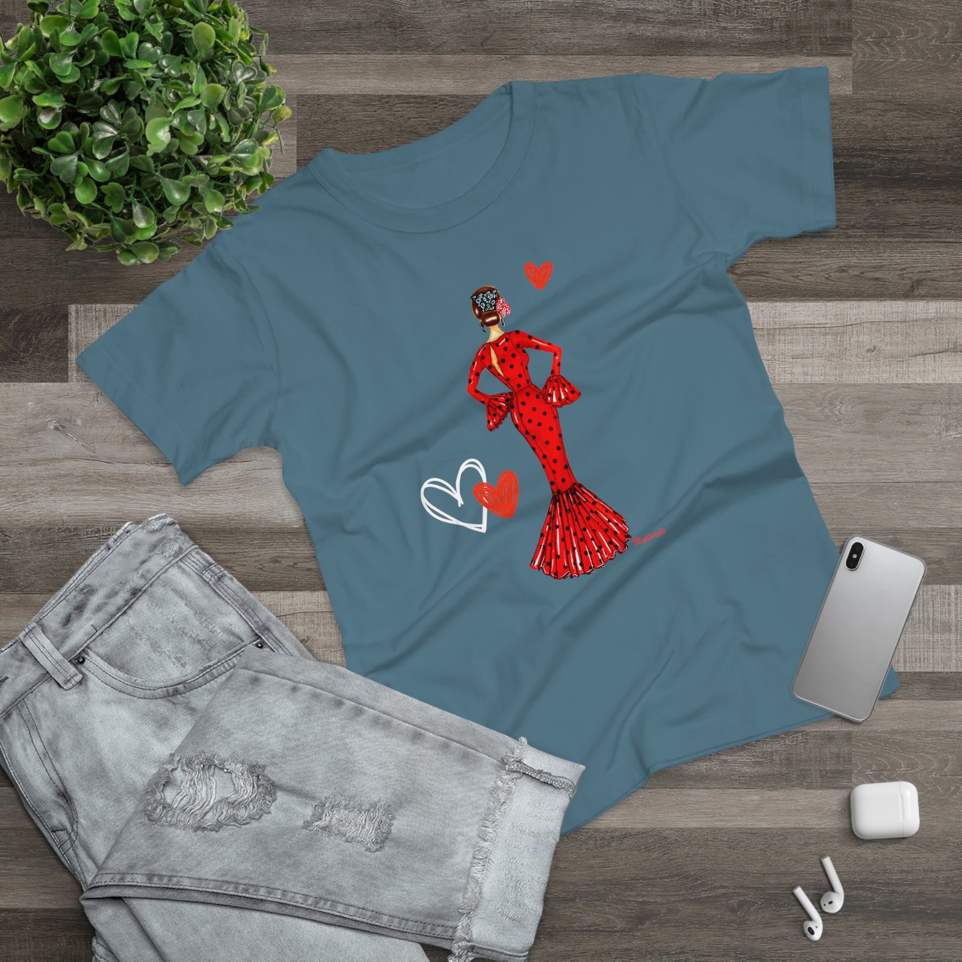a t - shirt with a picture of a woman in a red dress