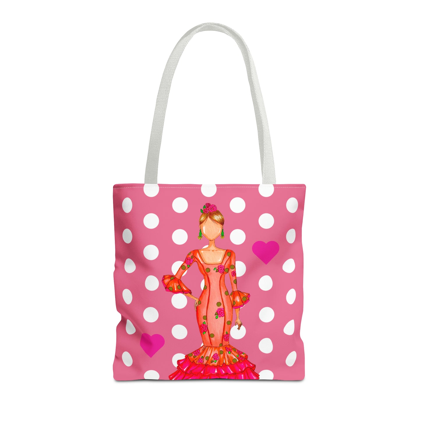 a pink and white polka dot bag with a woman in a red dress