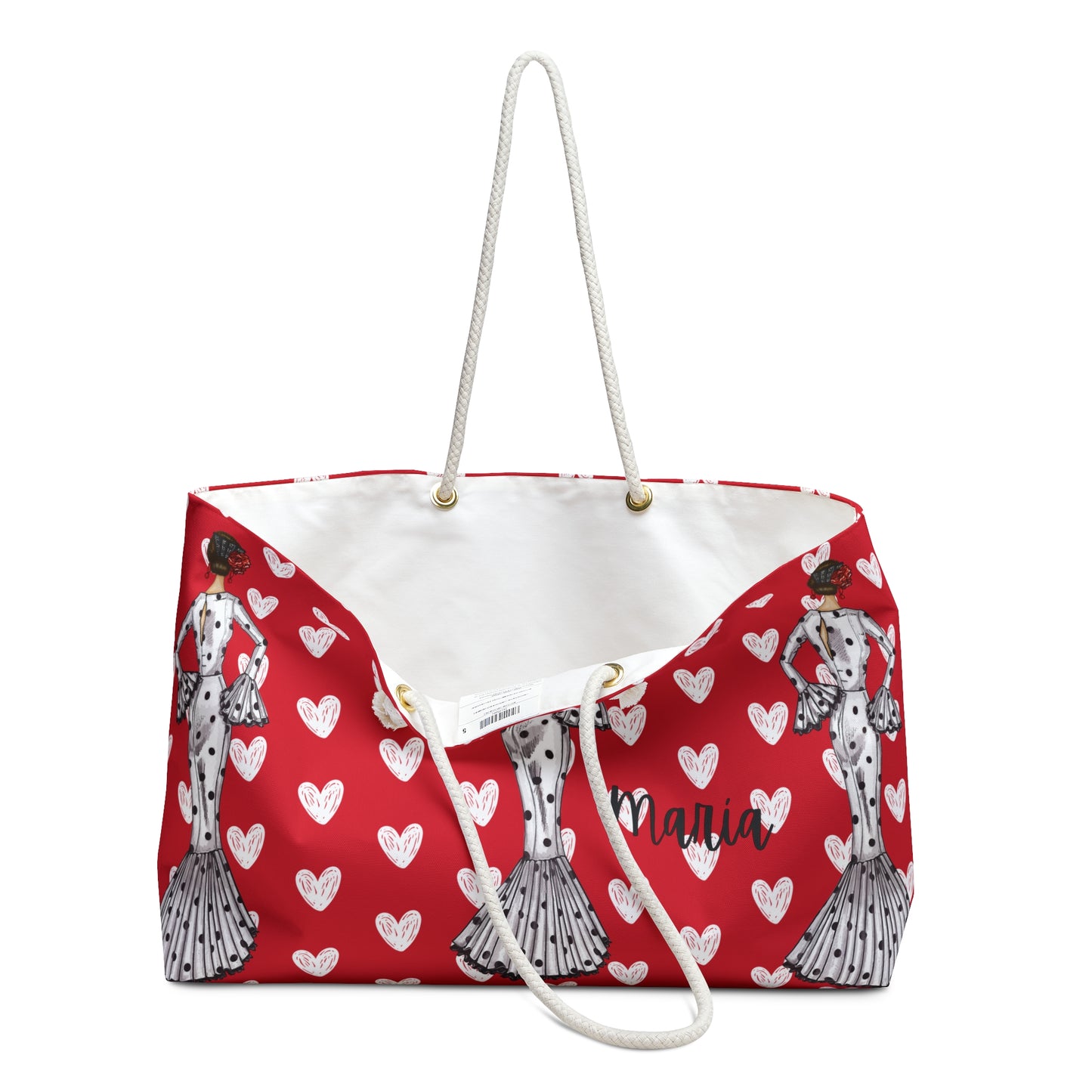 a red and white bag with hearts on it