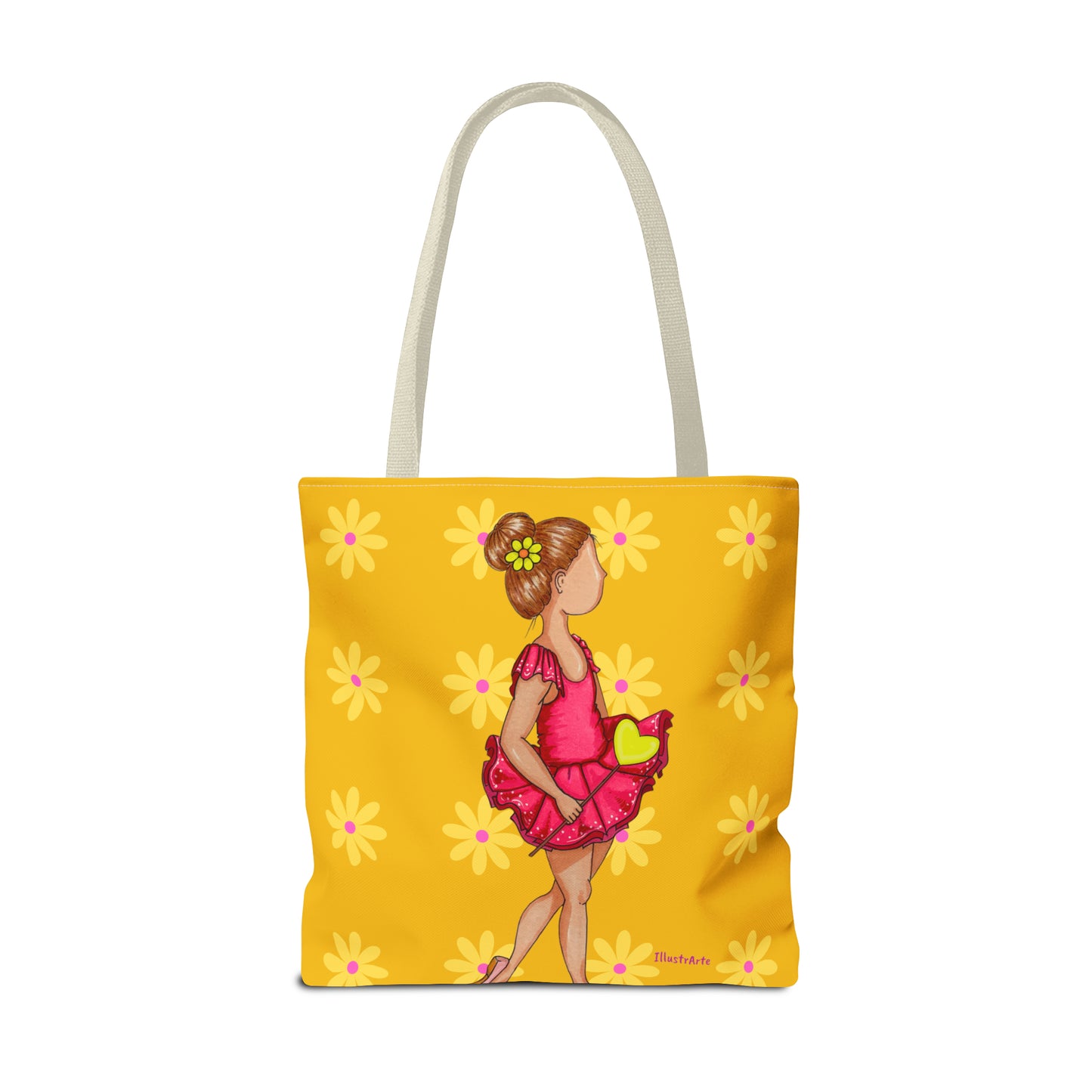 a yellow tote bag with a picture of a little girl in a pink dress