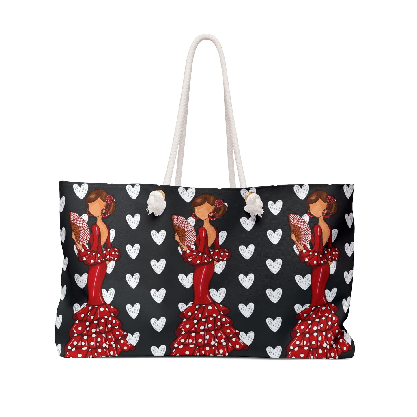 a black and white bag with hearts and a lady in a red dress