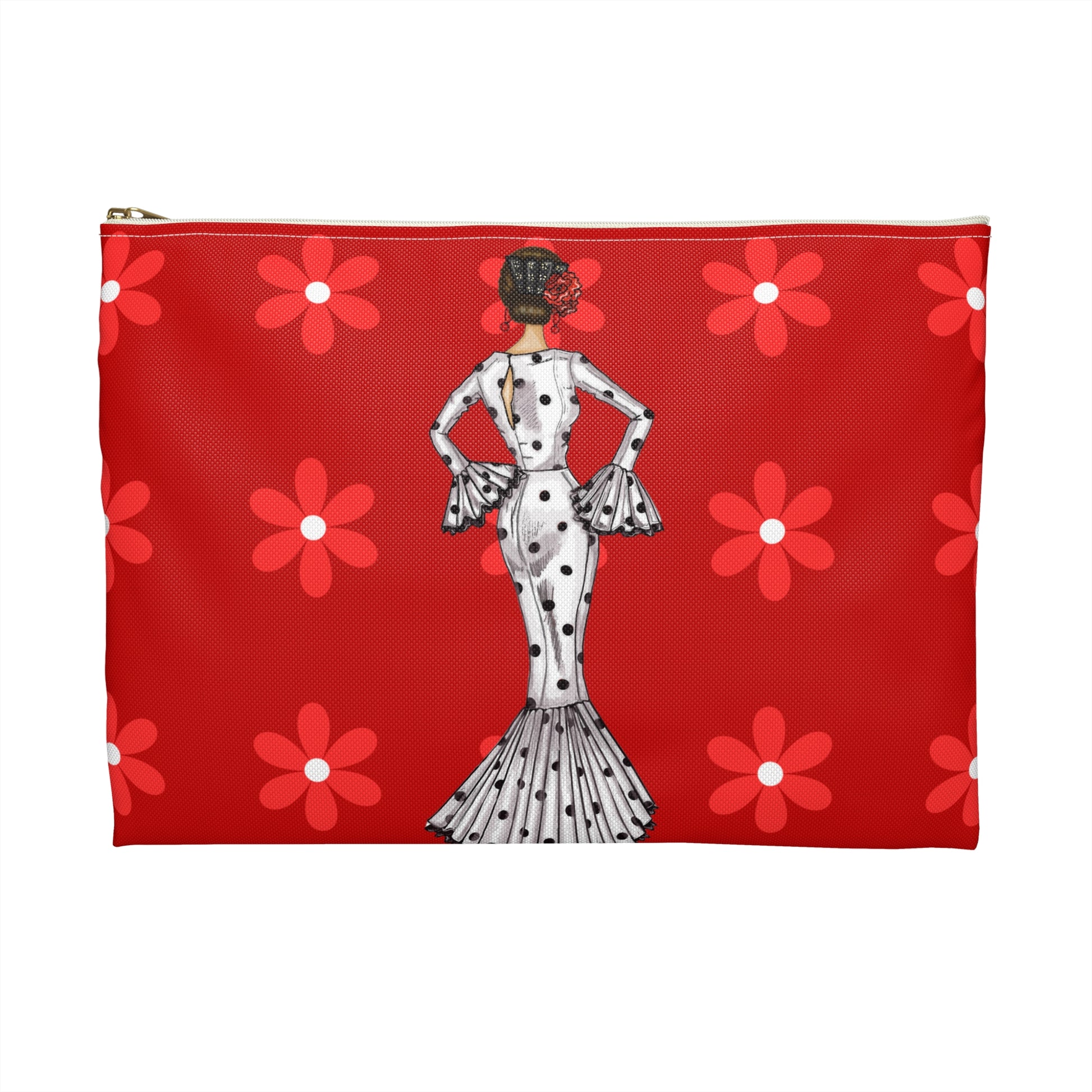 a red zipper bag with a picture of a woman in a polka dot dress