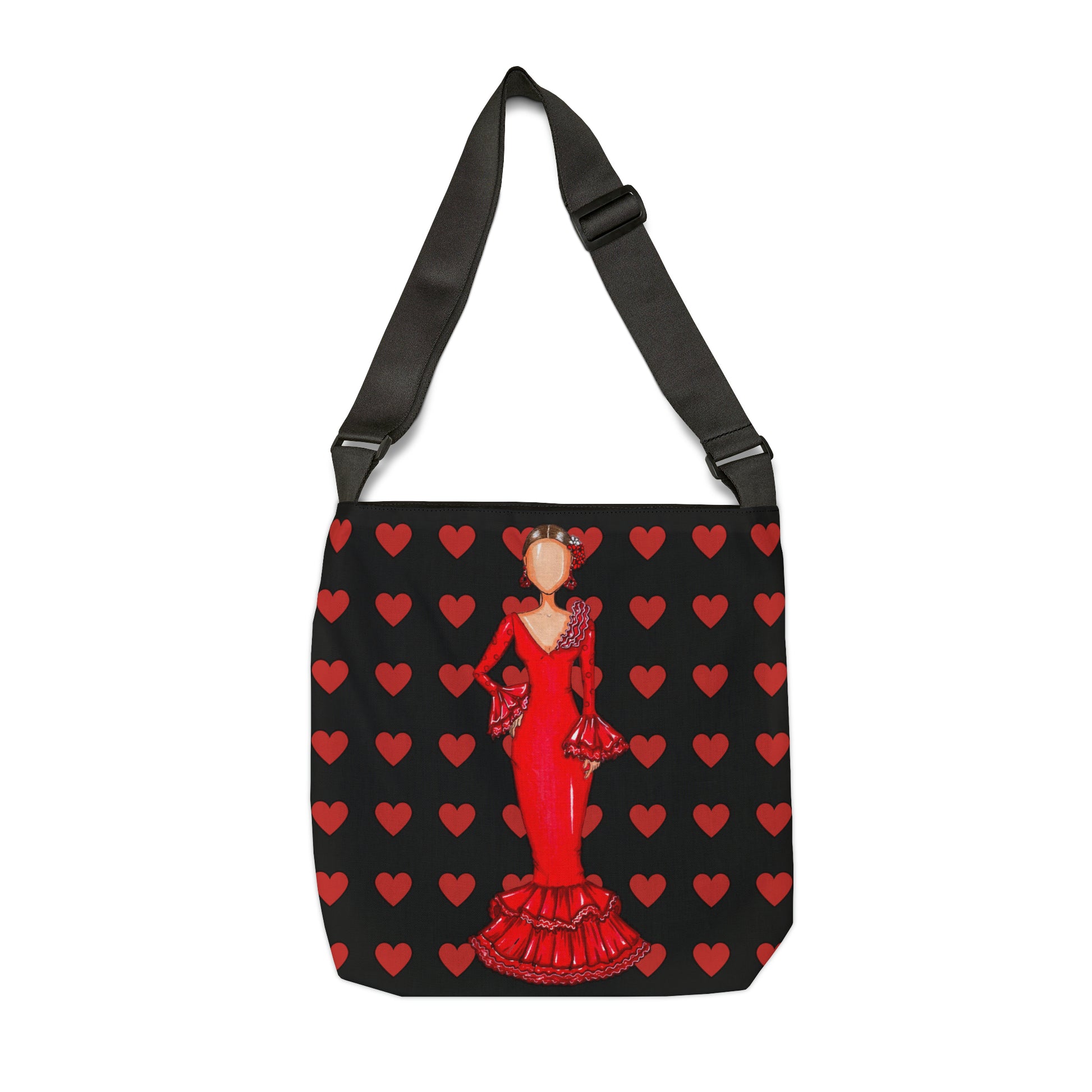 a black and red bag with a woman in a red dress