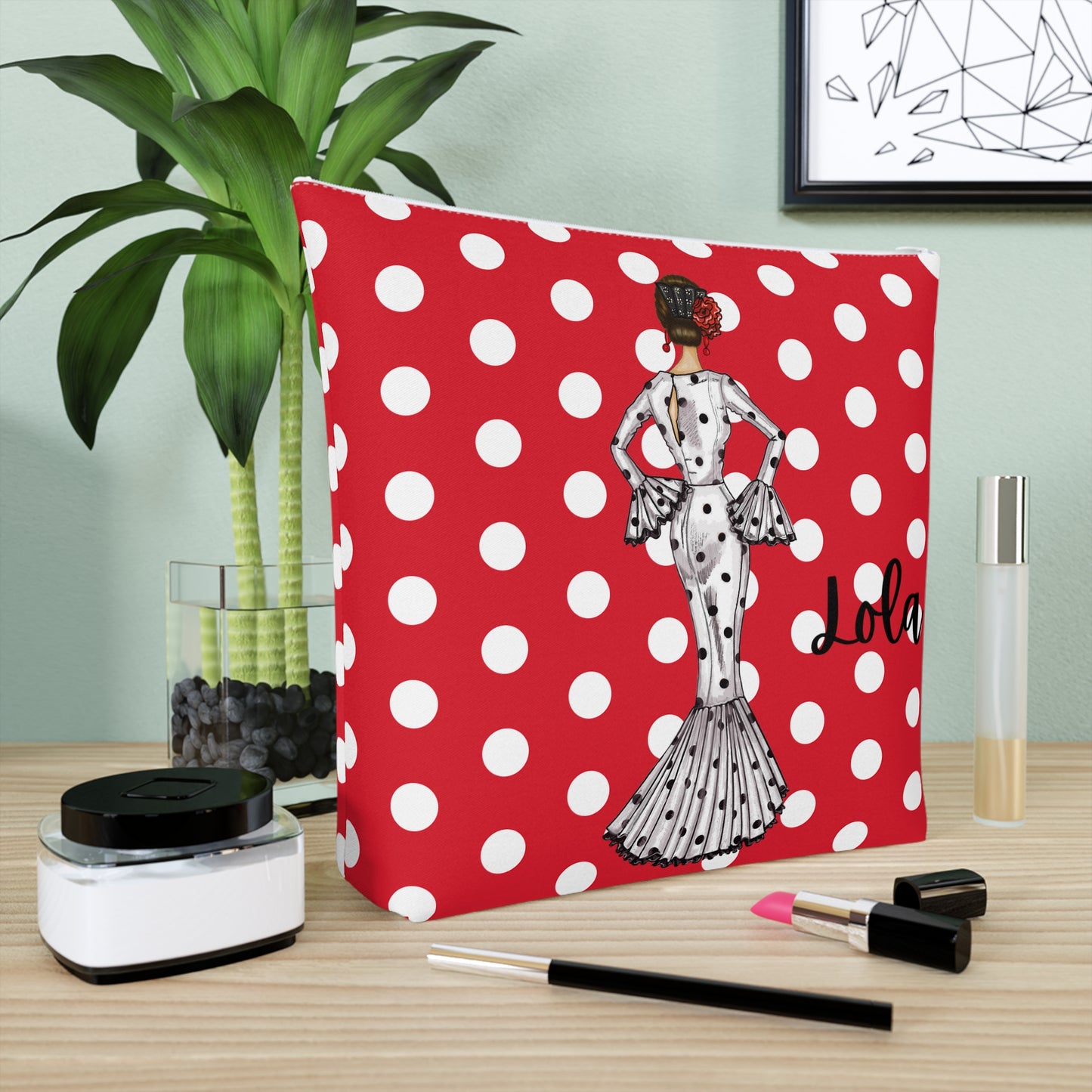 Customizable all purpose cotton bag, red background with white polka dots and our flamenco dancer María in a white dress.