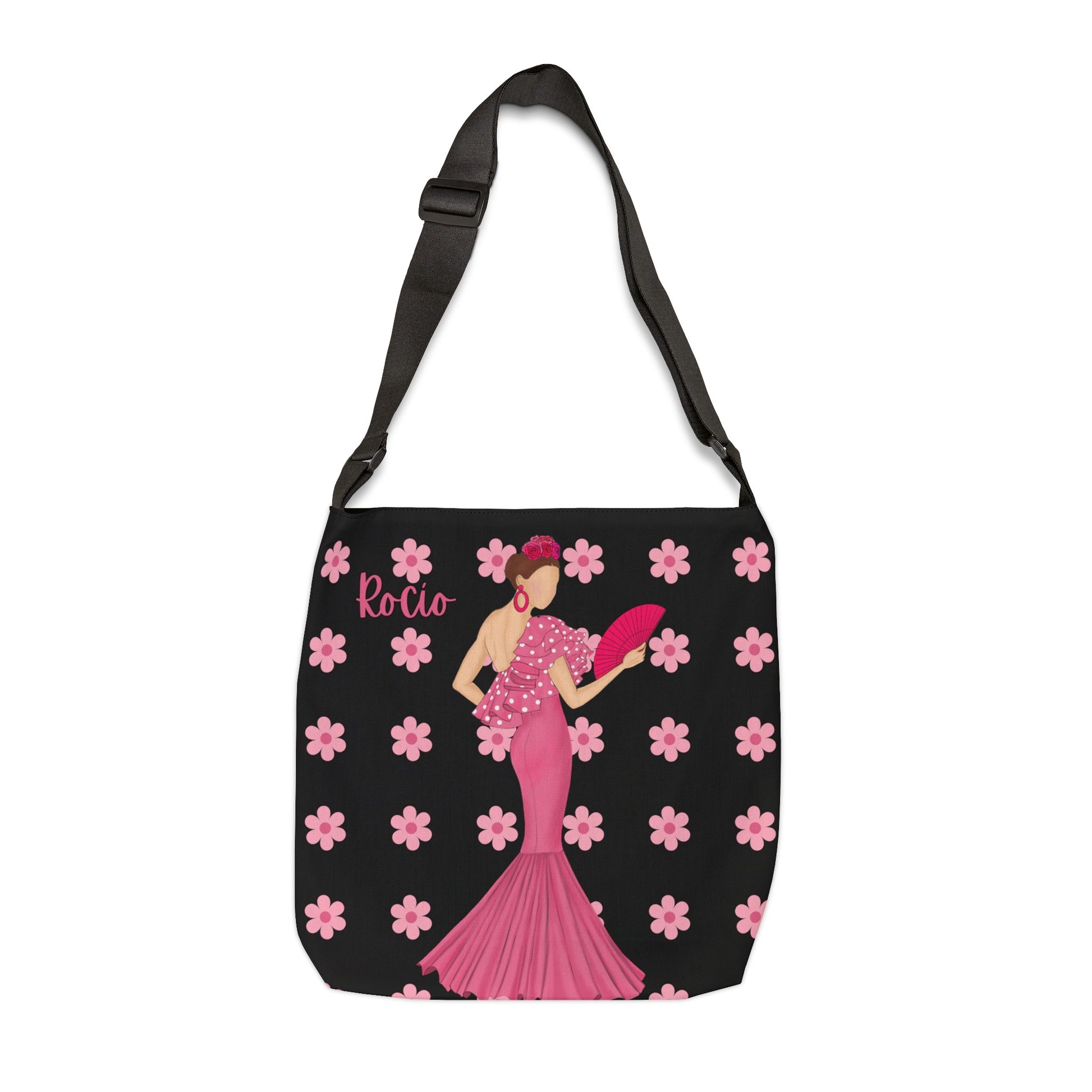 a black and pink purse with a woman in a pink dress