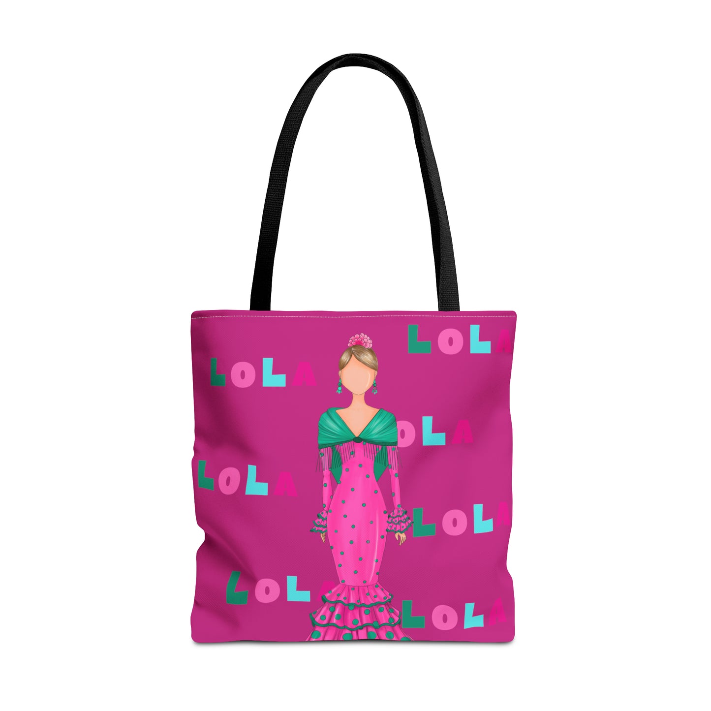 Flamenco lover Tote Bag, fabric tote bag with pink background your name in colours and our flamenco dancer Lola in a pink dress.