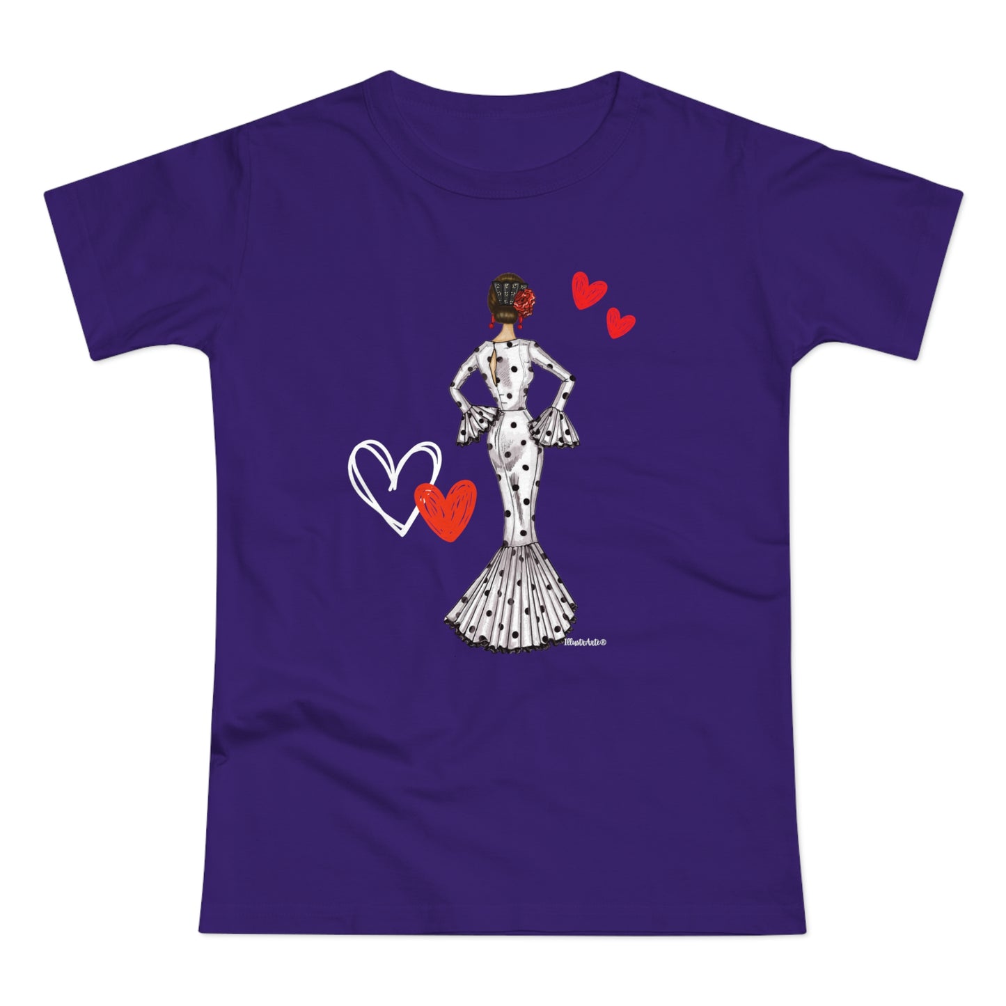 a purple t - shirt with an image of a woman in a dress and hearts