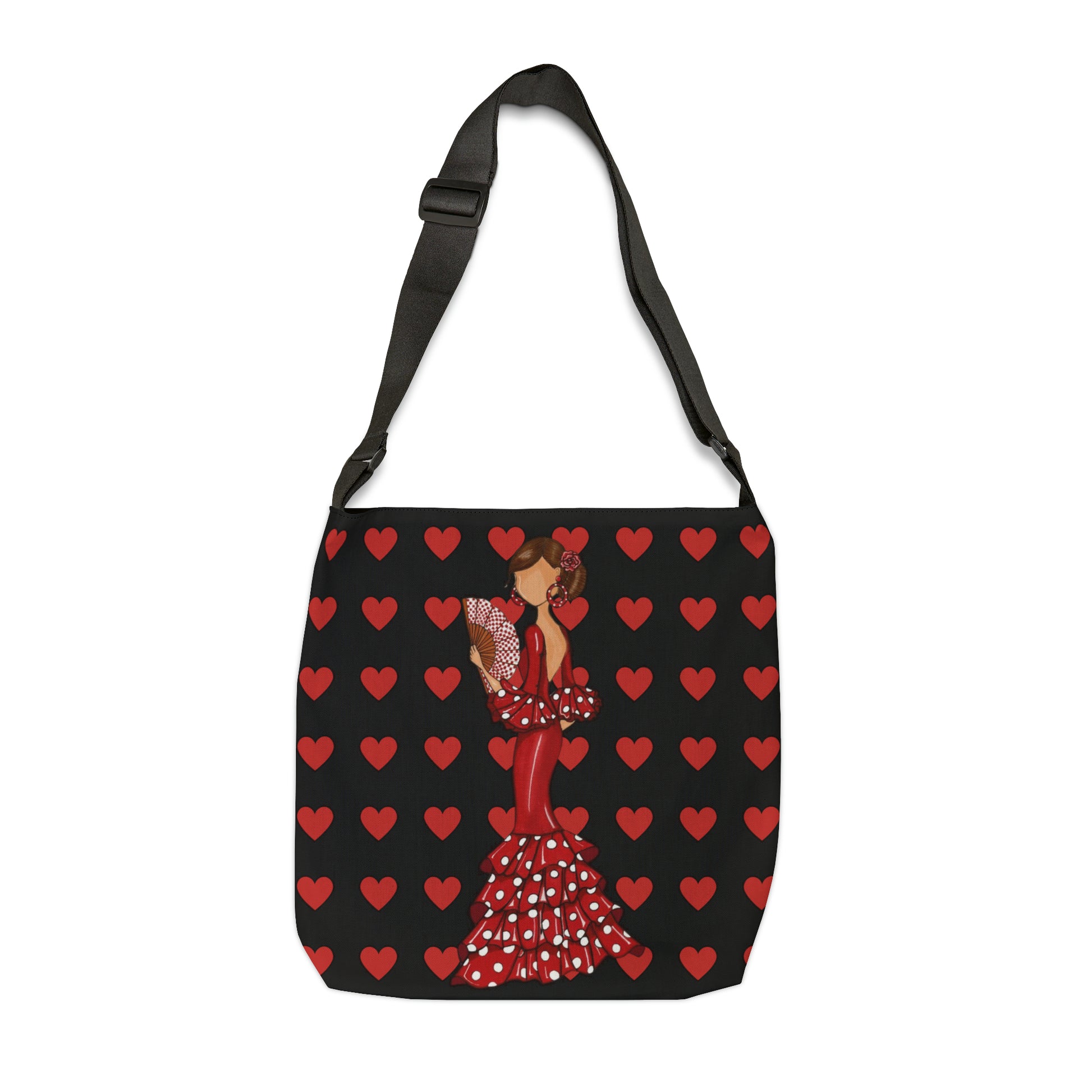 a red and black bag with a woman in a polka dot dress