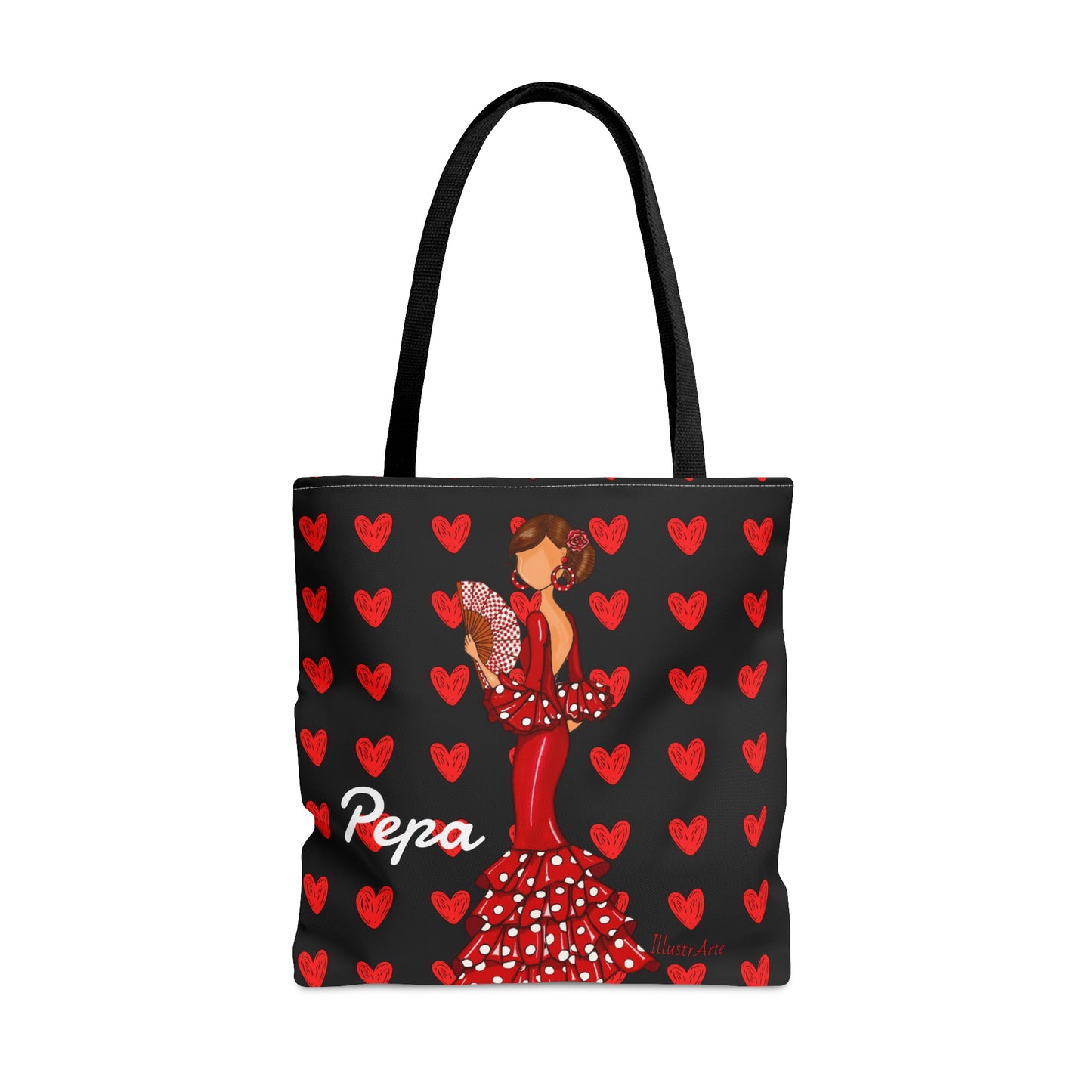 a black tote bag with a lady in a red dress holding a fan