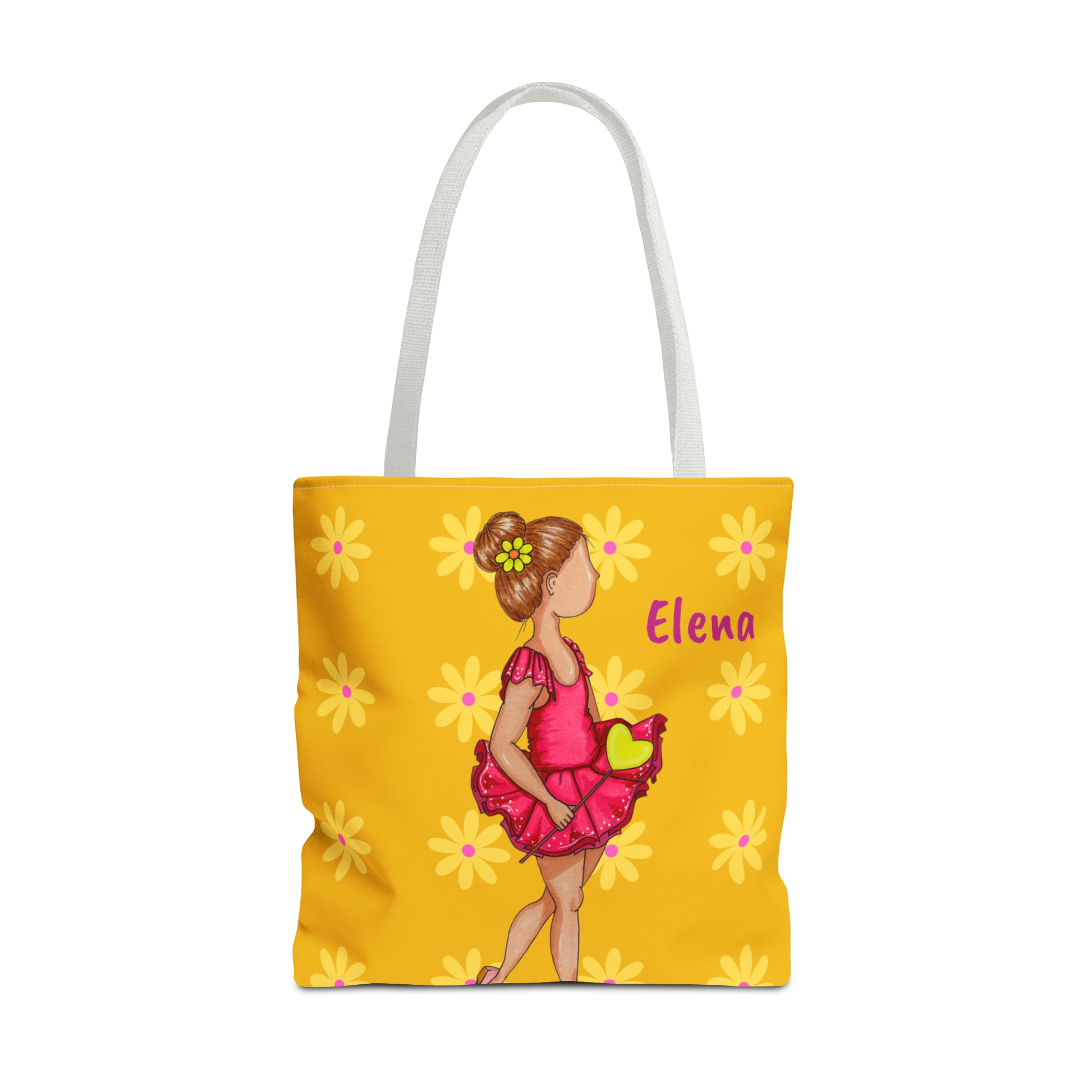 a yellow tote bag with a girl in a pink dress holding a green apple