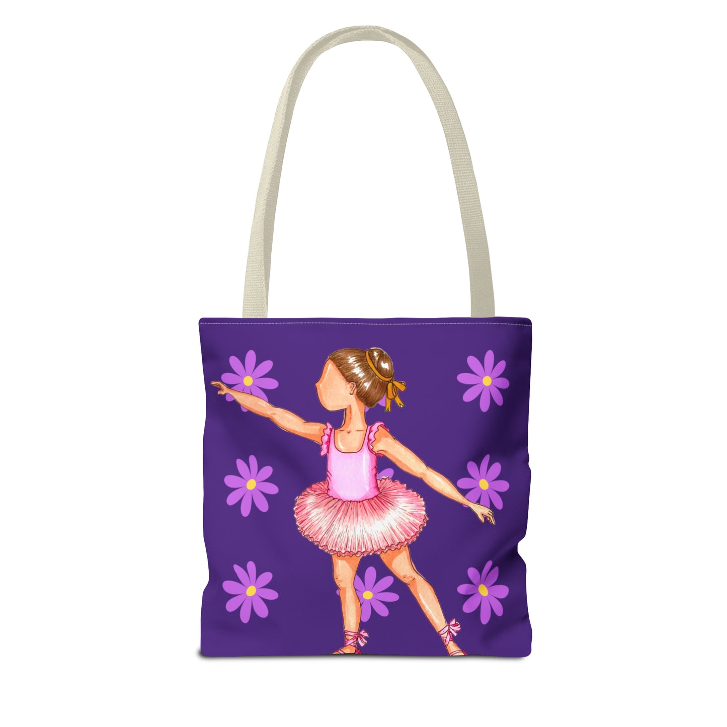 a purple bag with a little girl in a pink dress