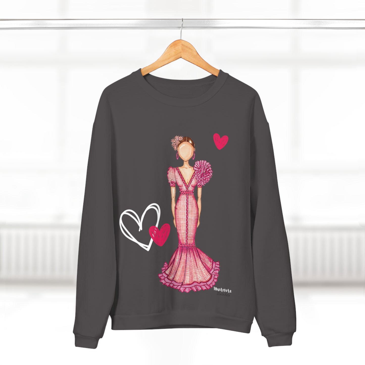 a sweater with a woman in a pink dress and a heart