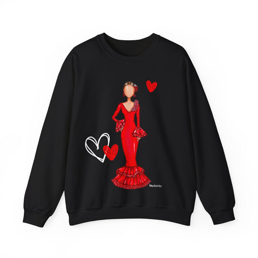 a black sweatshirt with a picture of a woman in a red dress