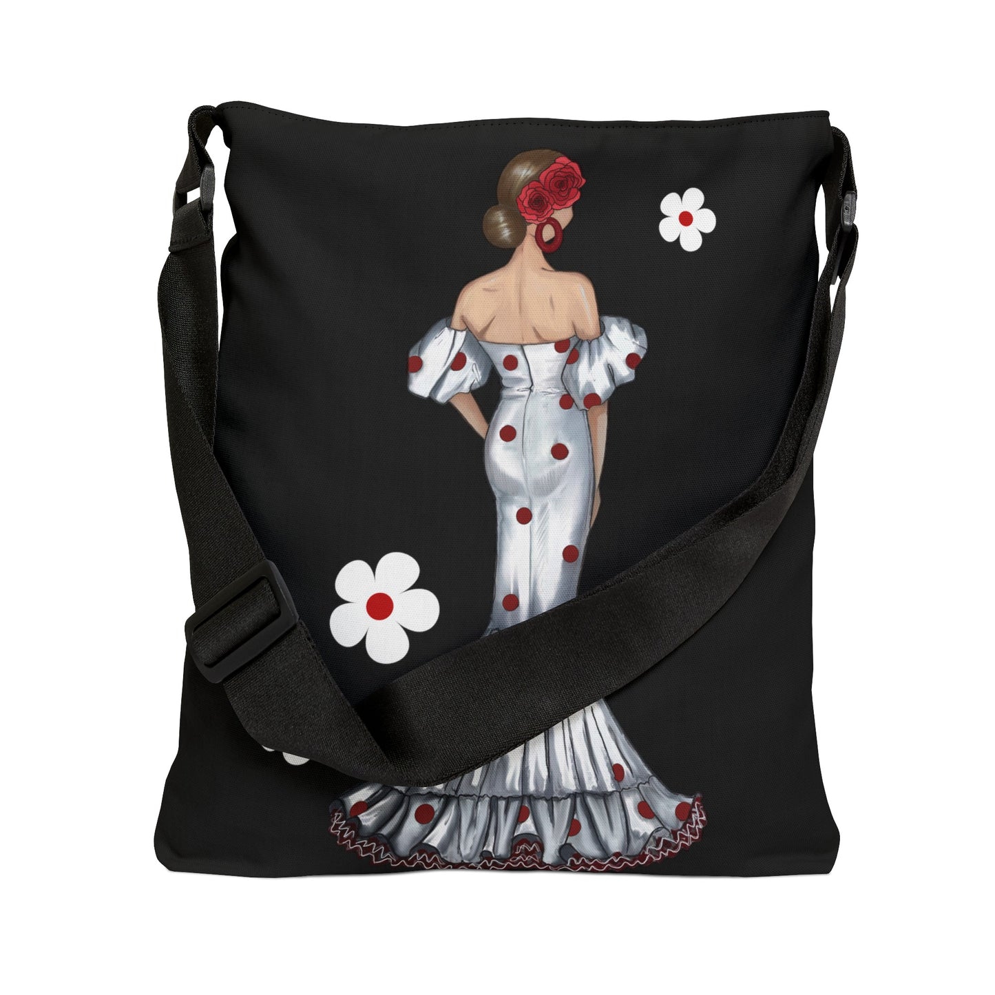 Adjustable Handle Tote Bag - Customizable, Maite with Black Background and White Flowers