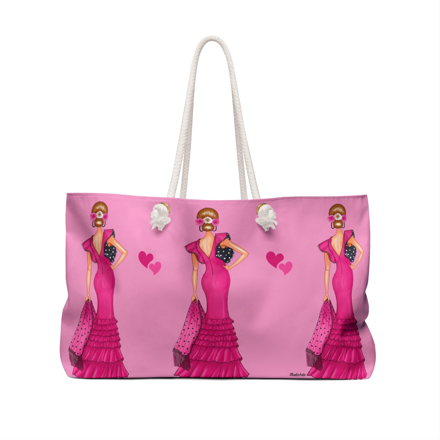 a pink bag with a woman in a pink dress