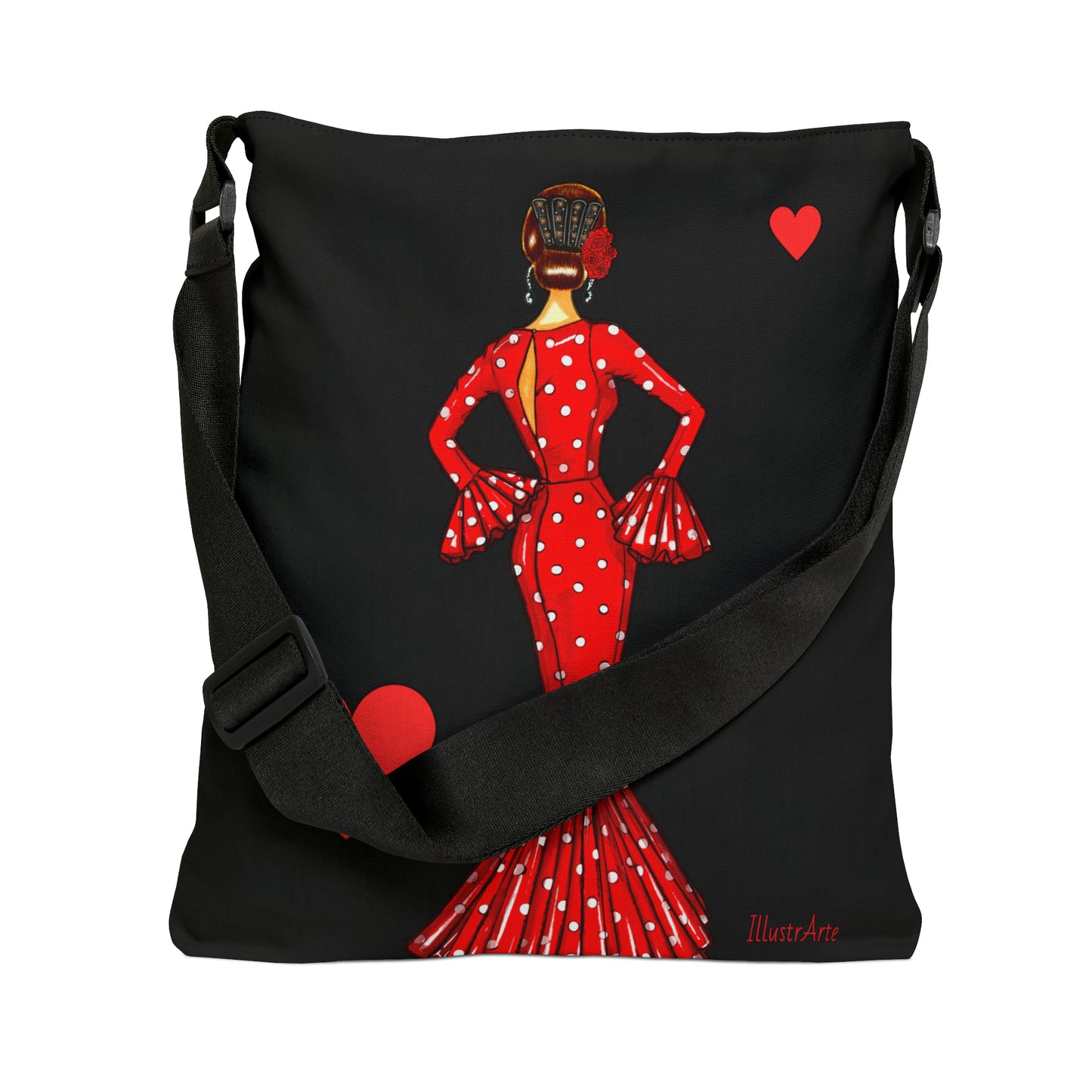 Flamenco Dancer Tote Bag with adjustable straps, red dress and black polka dots design.