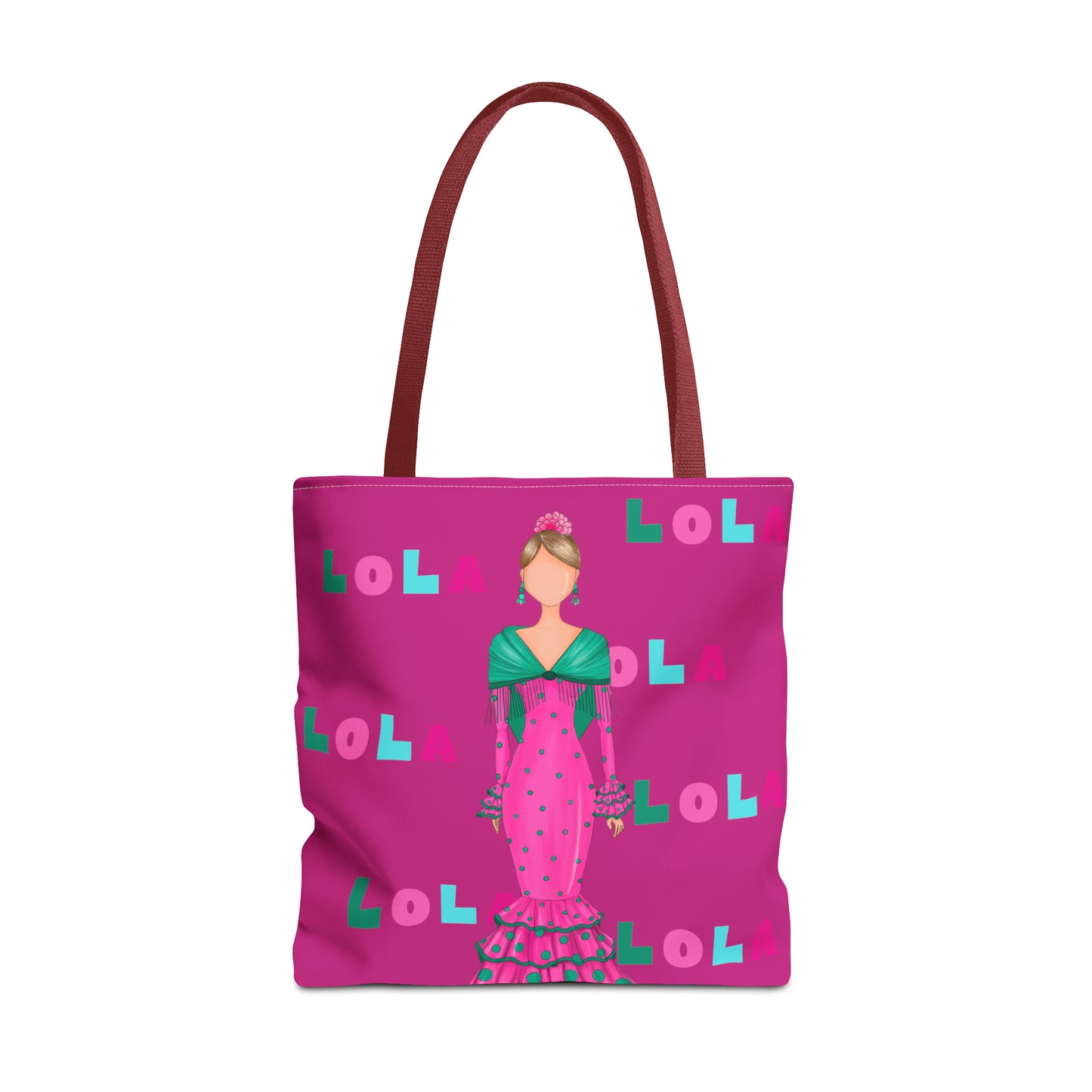 Bolso Tote personalizable, bolso tote de tela con fondo rosa tu nombre en colores y nuestra bailaora de flamenco Lola con un vestido rosa.