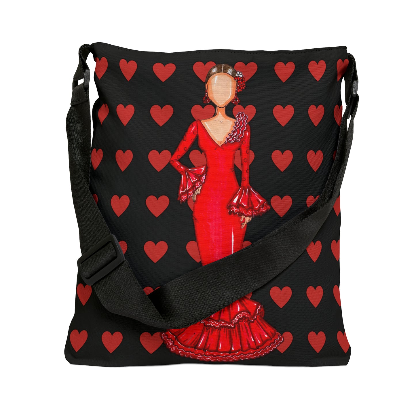 a black and red bag with a picture of a woman in a red dress