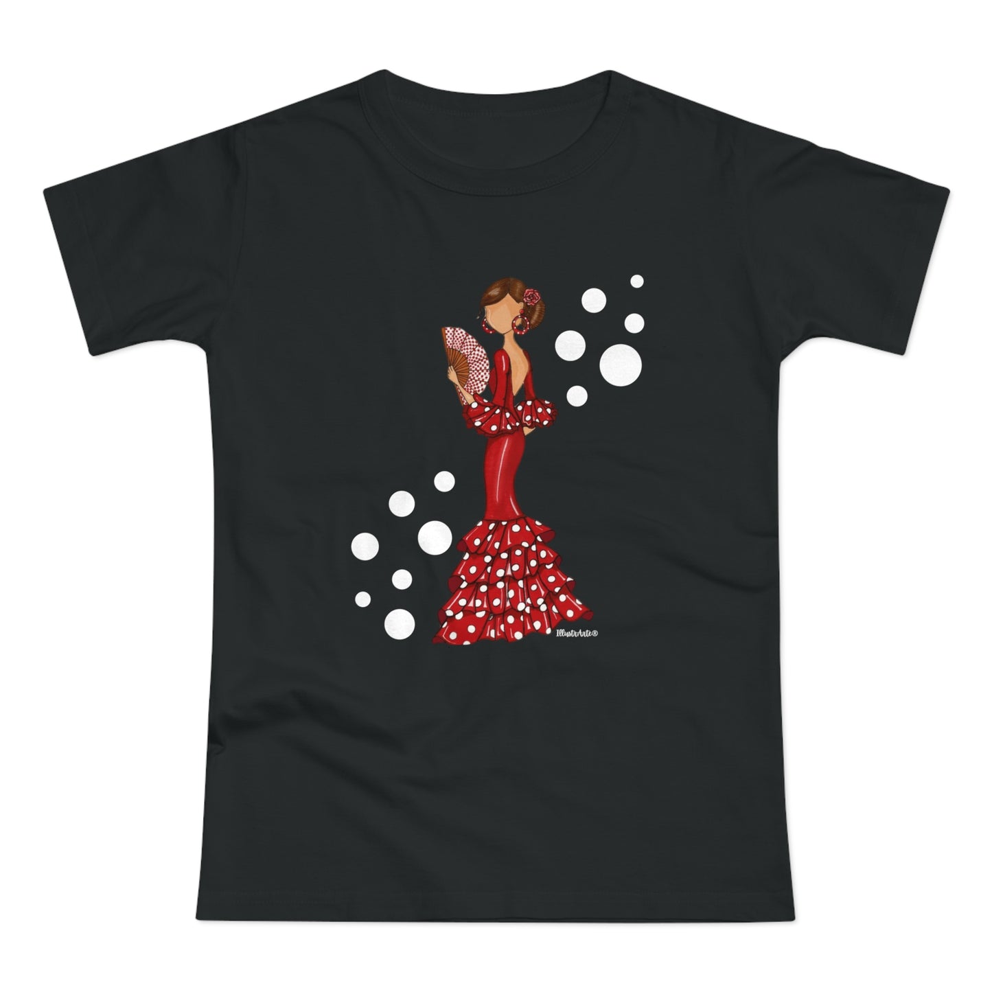 a black t - shirt with a woman in a polka dot dress