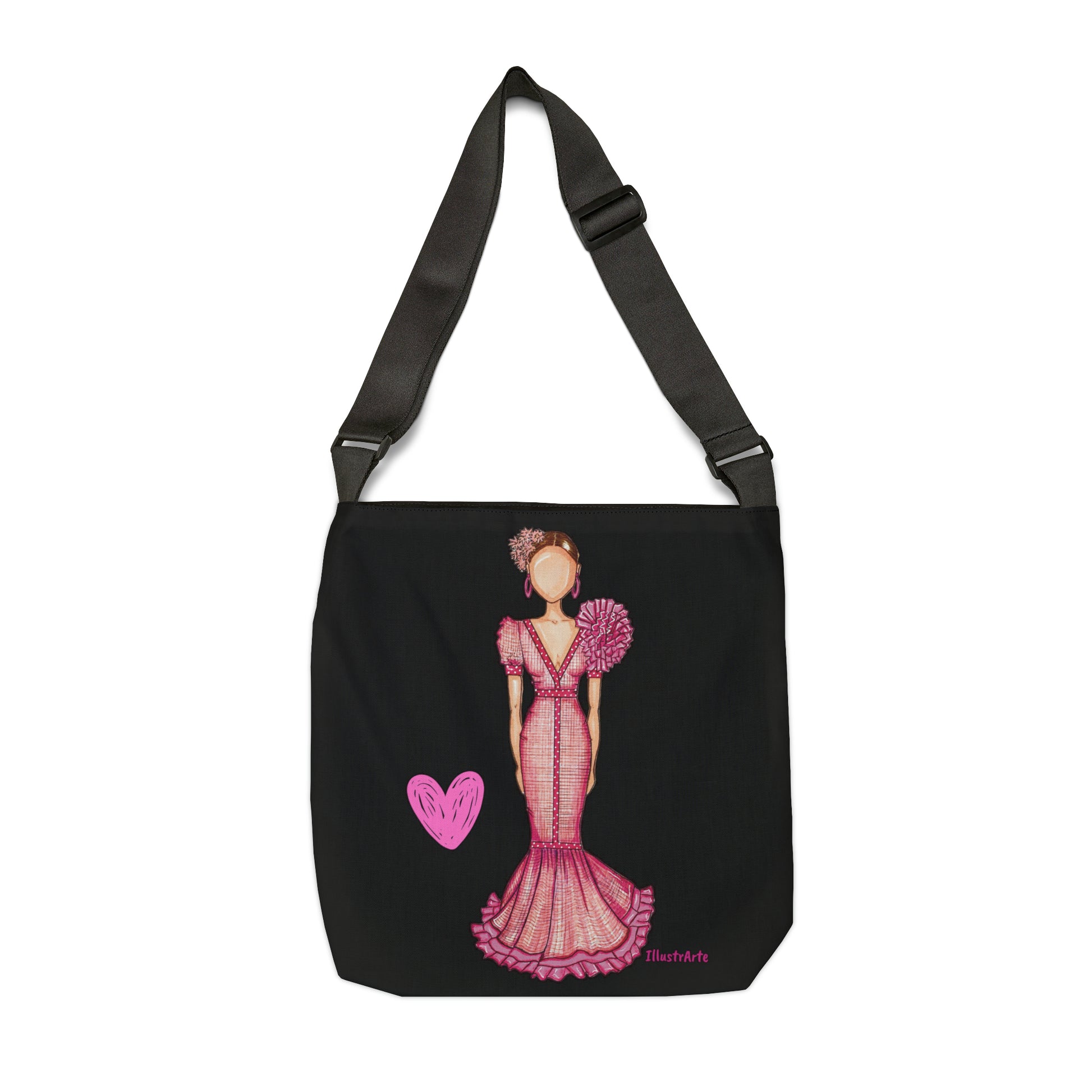 Flamenco Dancer Tote Bag with zip, pink dress and a pink heart design. - IllustrArte