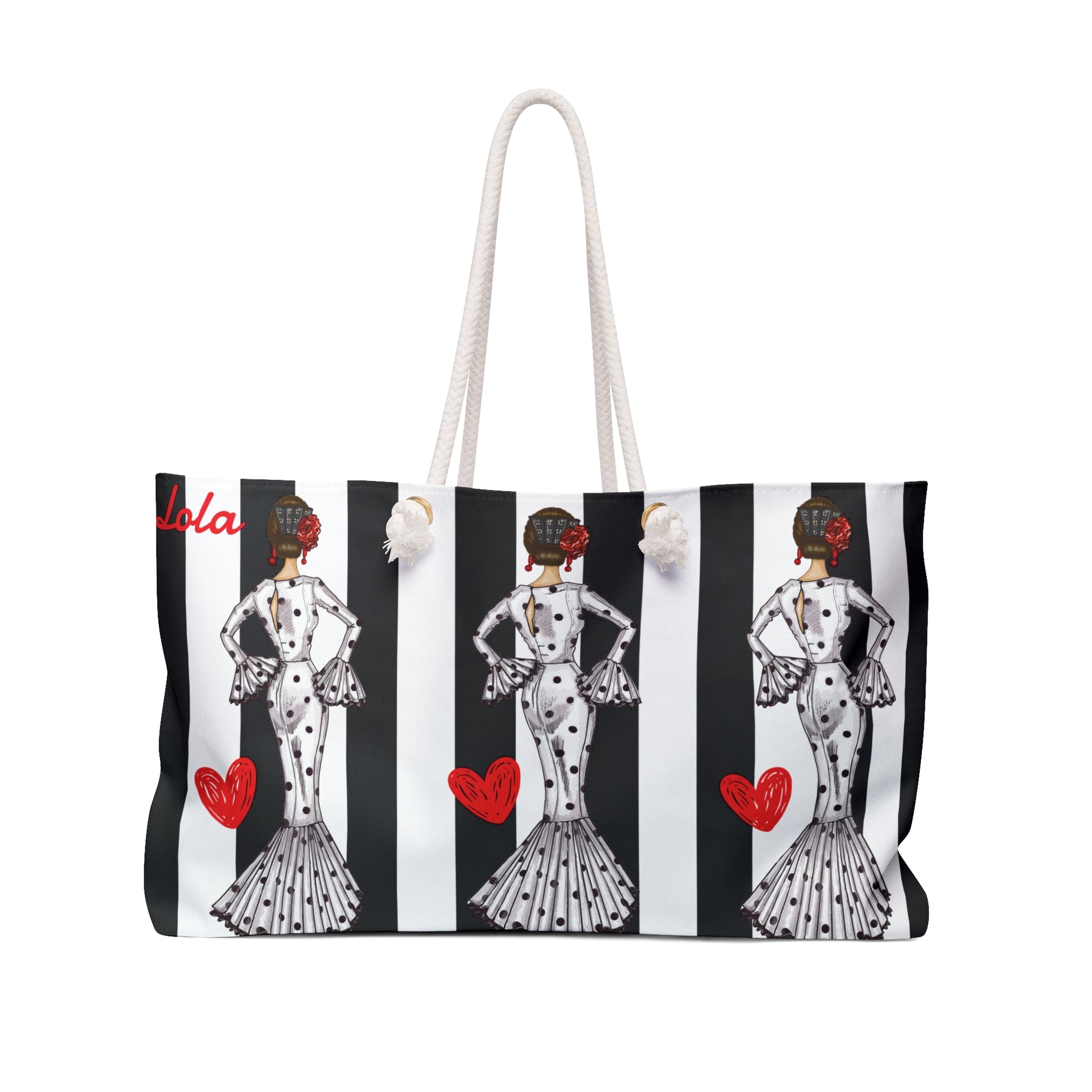 a black and white striped bag with a picture of a woman