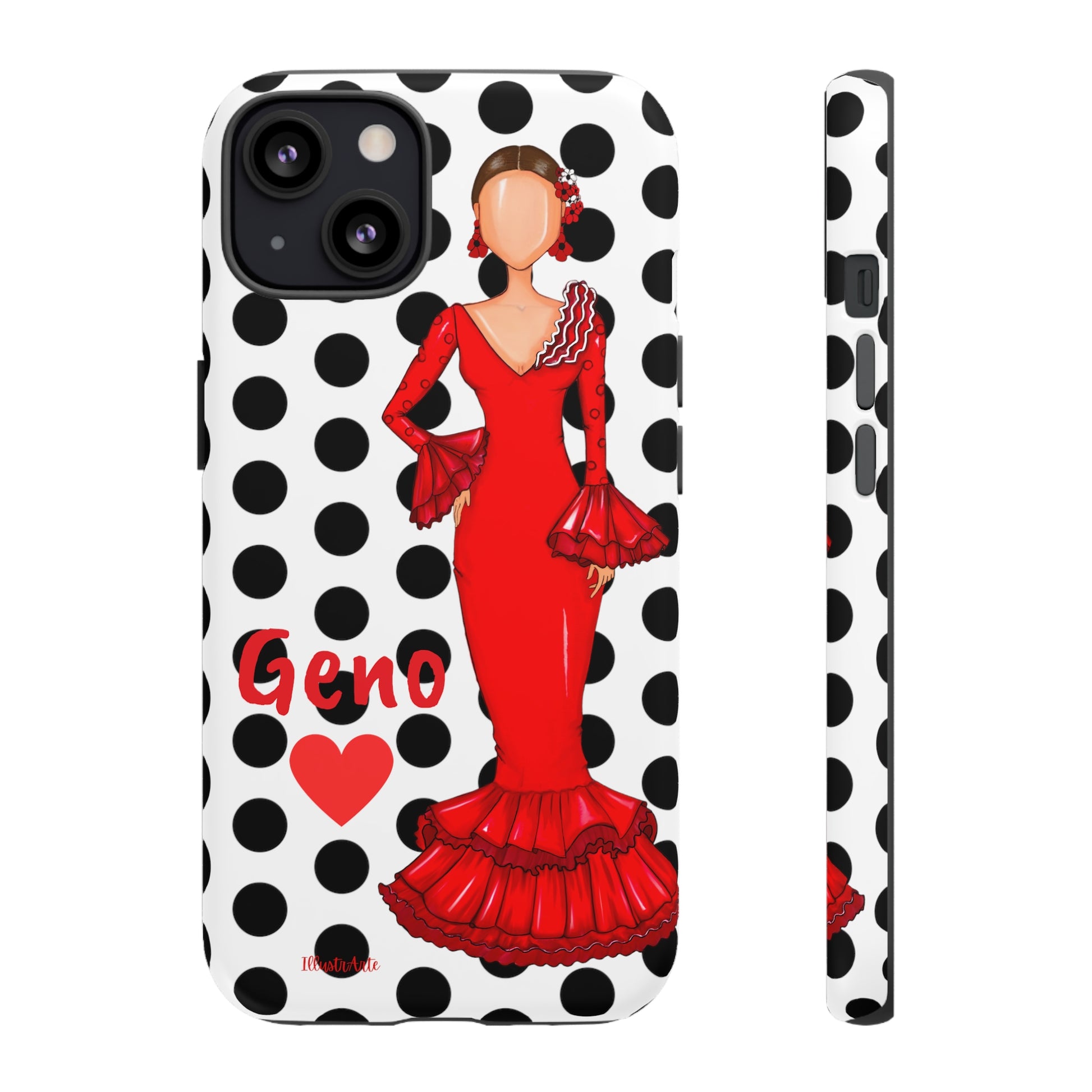 a phone case with a woman in a red dress