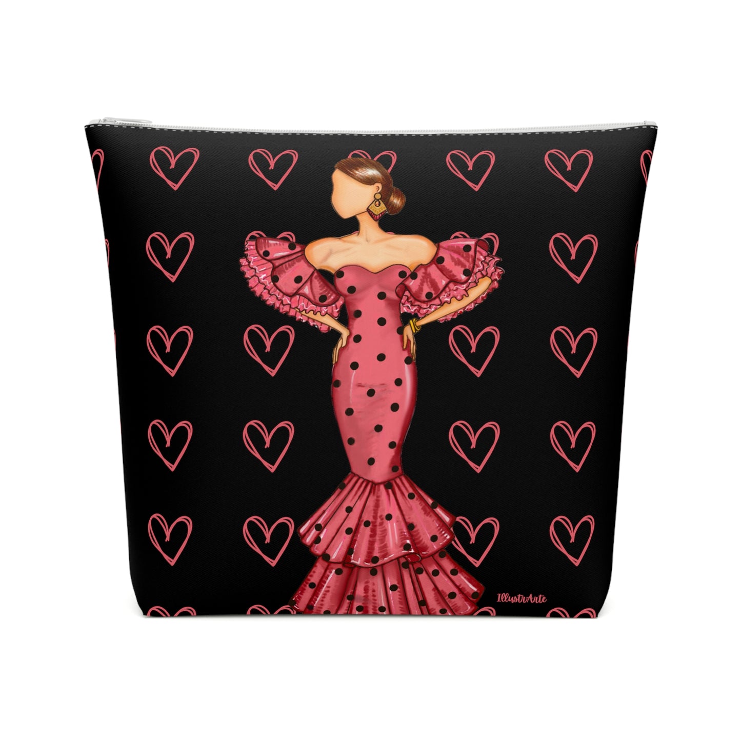 a cosmetic bag with a woman in a pink dress