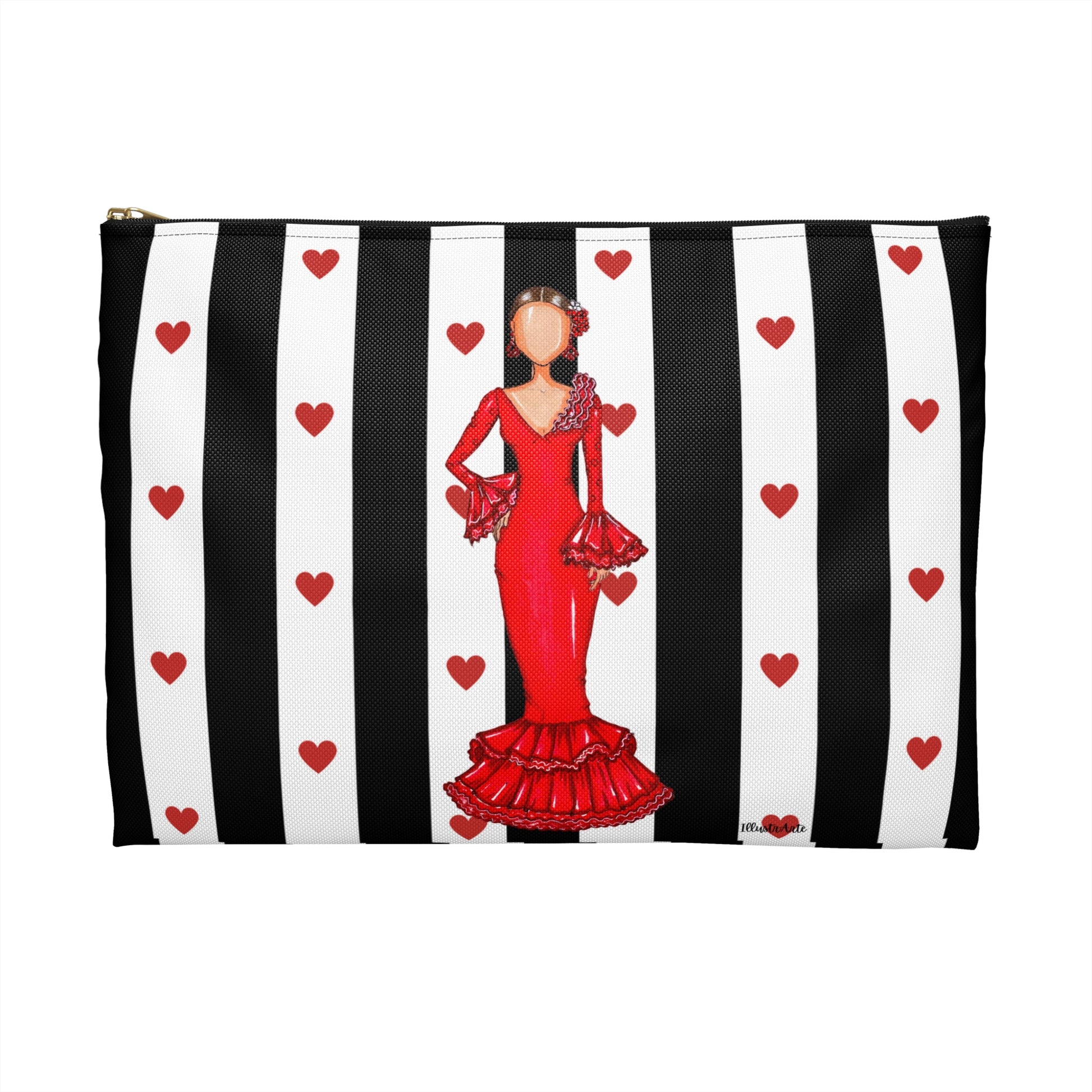 a black and white striped bag with a picture of a woman in a red dress