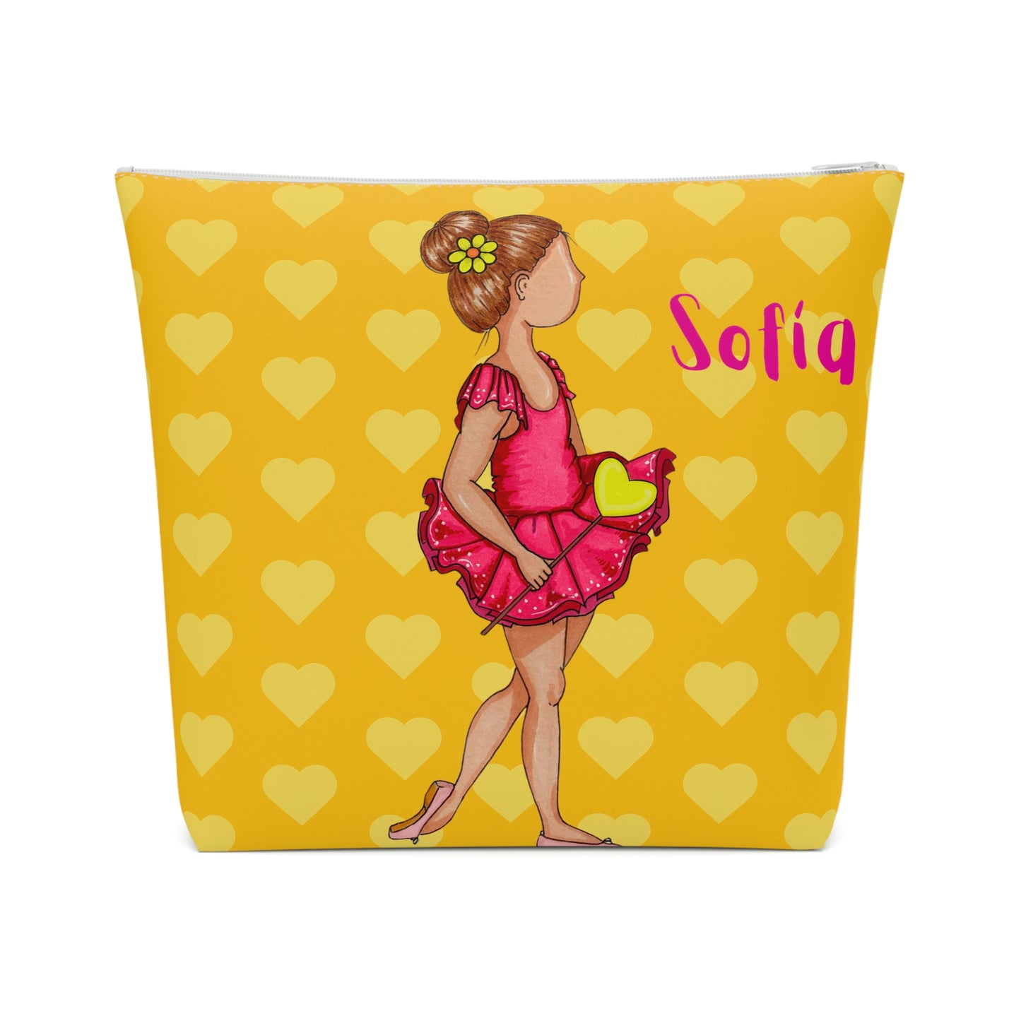 Ballerina Dancer Customizable all purpose cotton bag, yellow background with hearts and a ballerina in a pink dress.