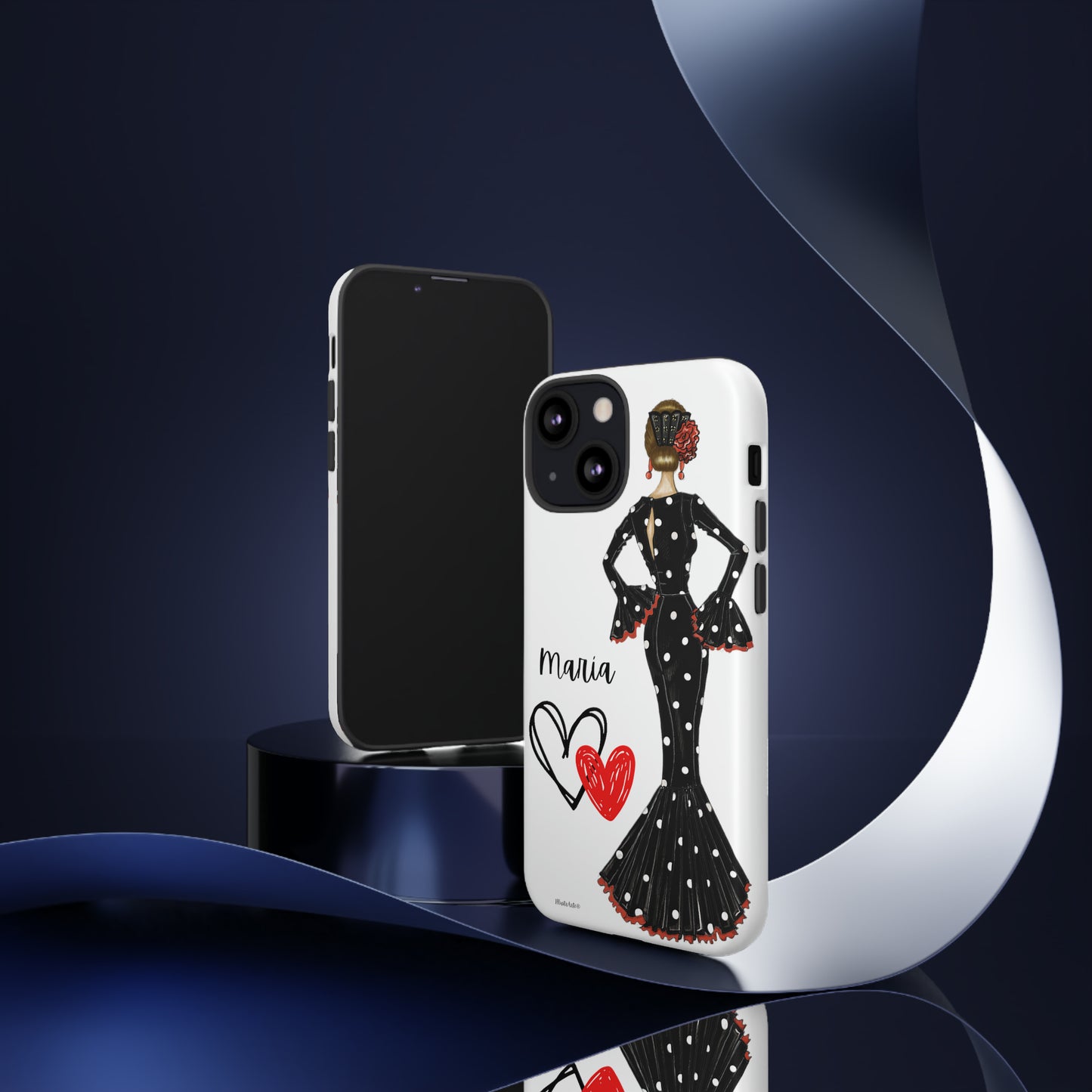 a phone case with a woman in a dress on it