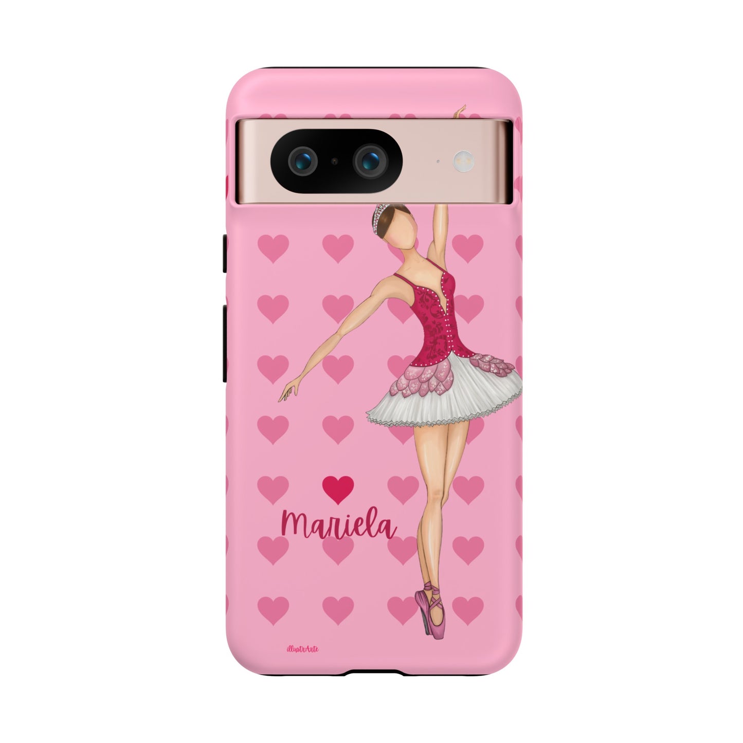 Ballet lovers customizable white tough phone case for iPhone, Samsung Galaxy and Google pixel with our ballerina Mariela in a pink dress .