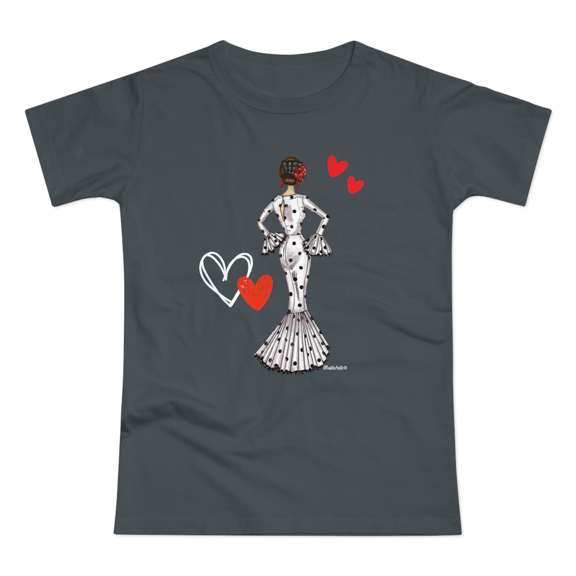 a t - shirt with a woman in a dress holding a heart