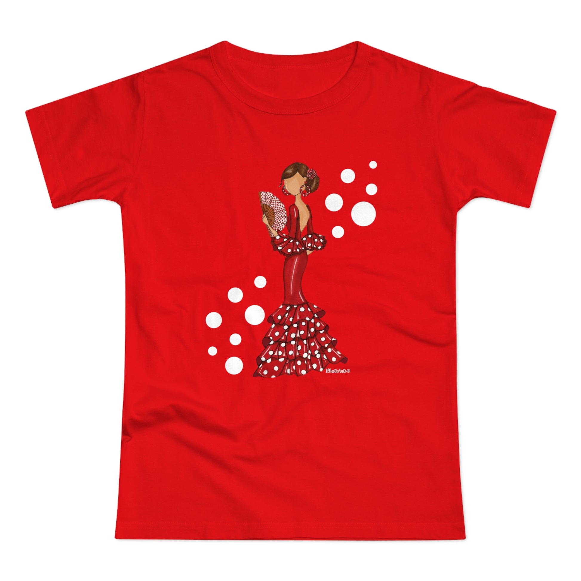 a red t - shirt with a picture of a woman in a polka dot dress
