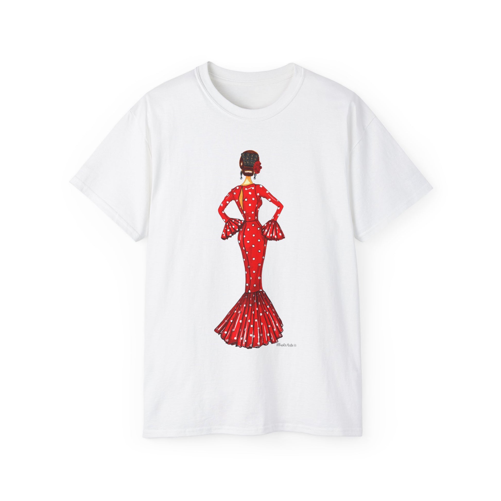 a white t - shirt with a woman in a red dress